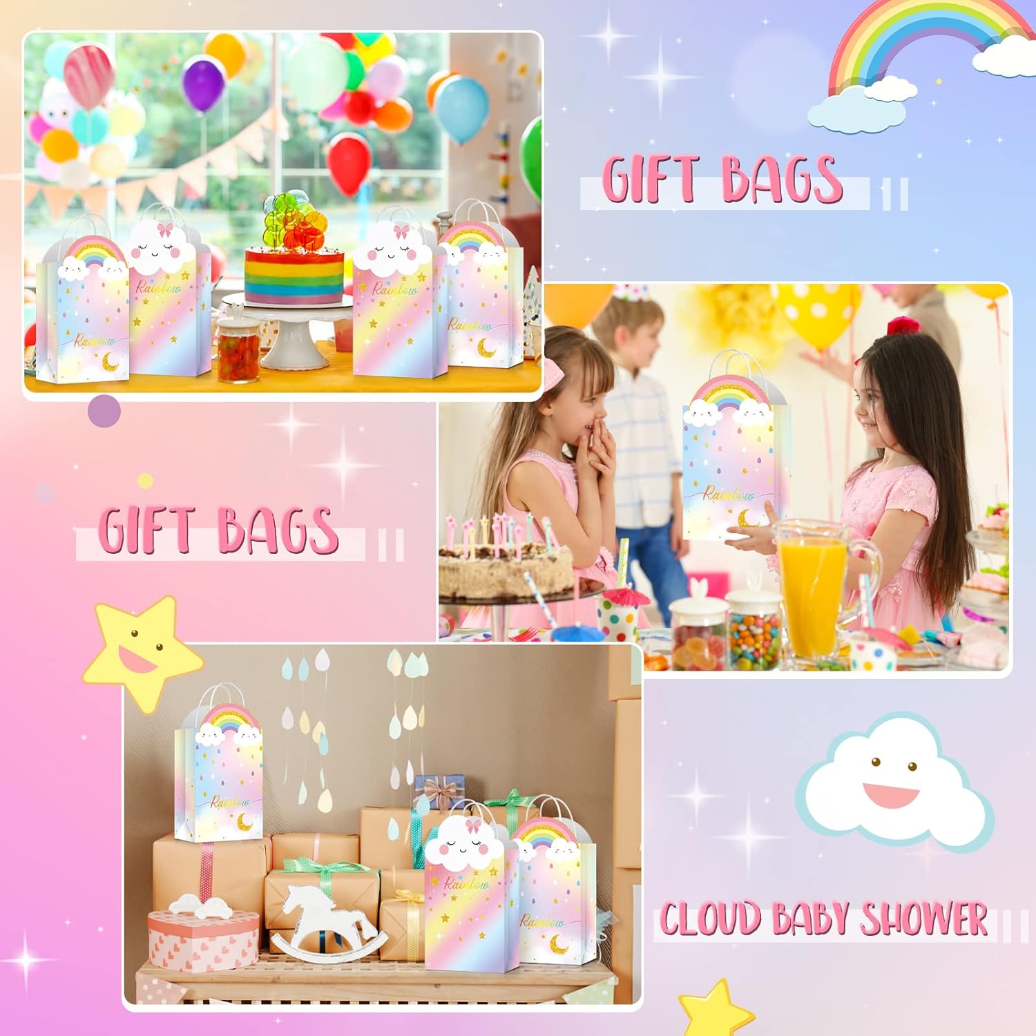16 bolsas de regalo de fiesta de arco iris, bolsas de regalo de arcoíris con asas, bolsas de dulces de cumpleaños, bolsas de regalo de fiesta pastel
