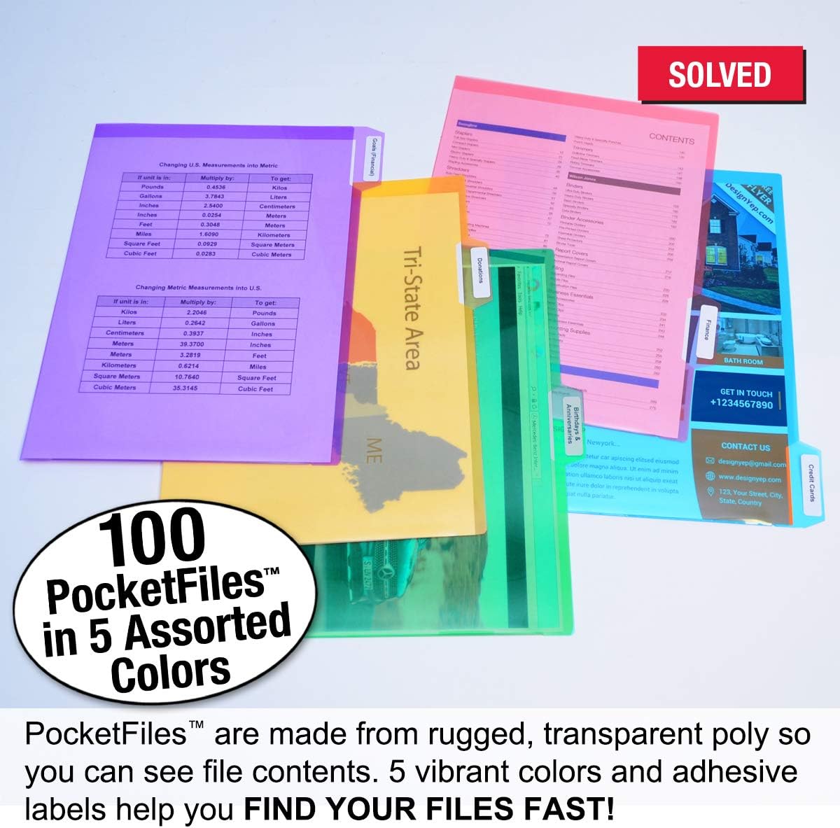Ultimate Office PocketFile – Carpeta de documentos de polietileno transparente, 5to corte, tamaño carta, en 5 colores surtidos, juego de 100