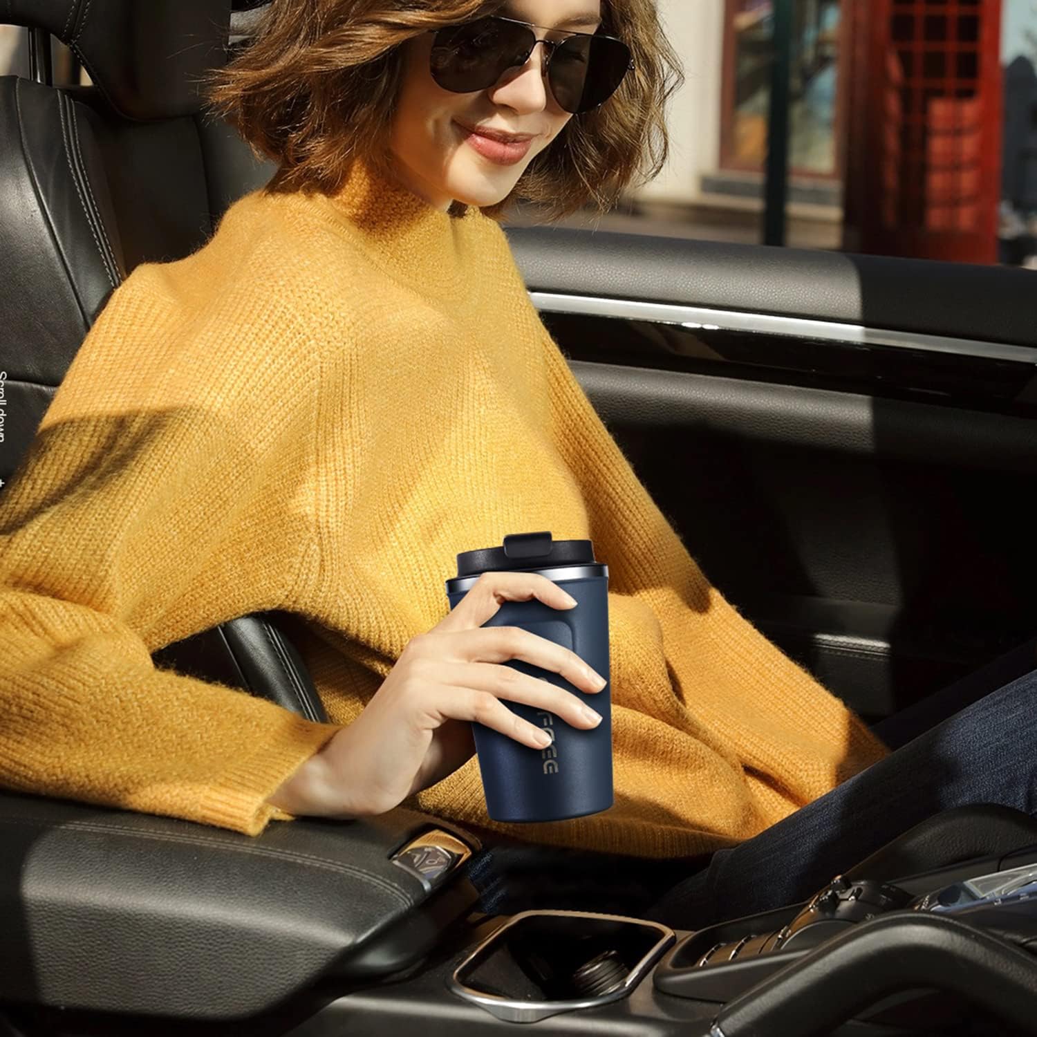 Taza de viaje de café aislada de acero inoxidable, tazas de café personalizadas para automóvil, taza linda de 12 onzas, azul