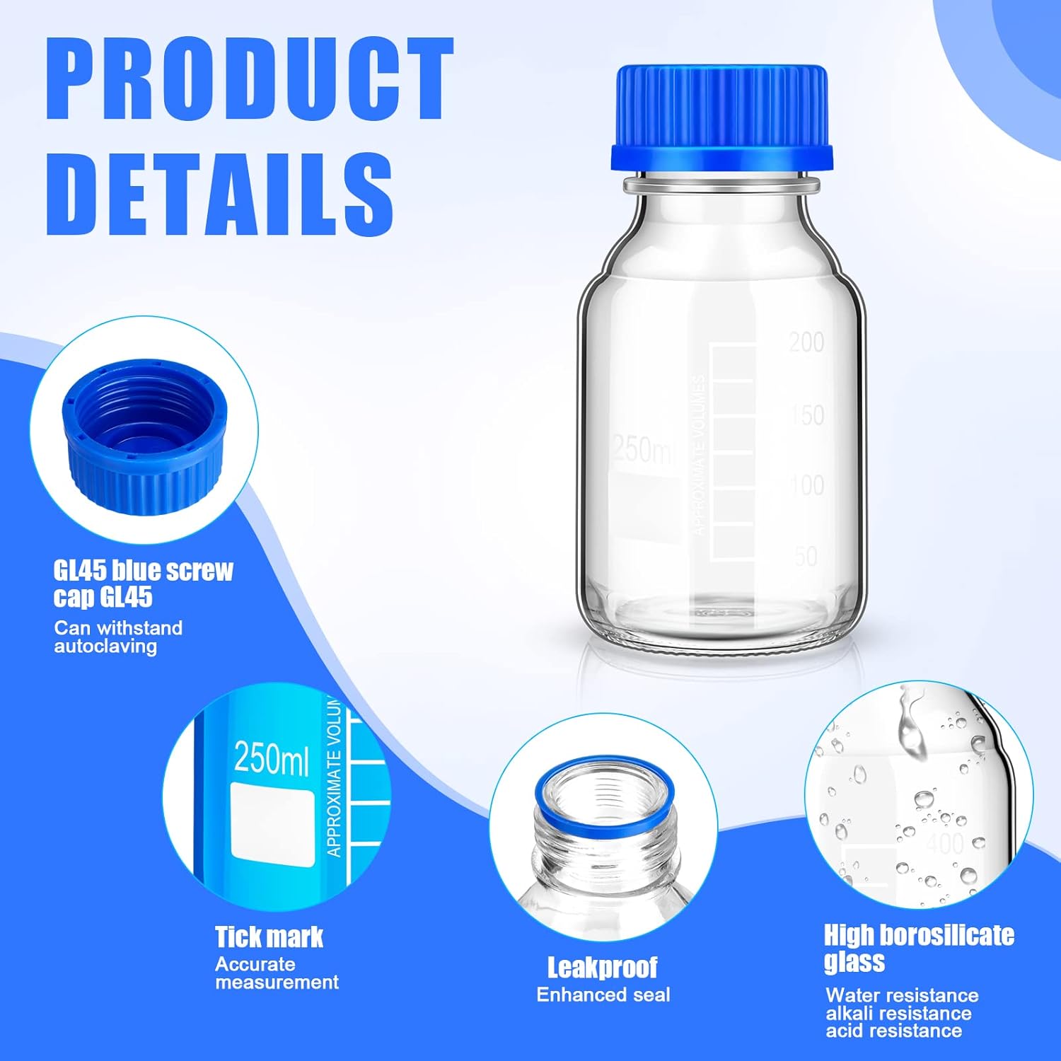 16 botellas de almacenamiento de medios, botella de vidrio de almacenamiento de borosilicato, botella científica redonda graduada con tapa de rosca
