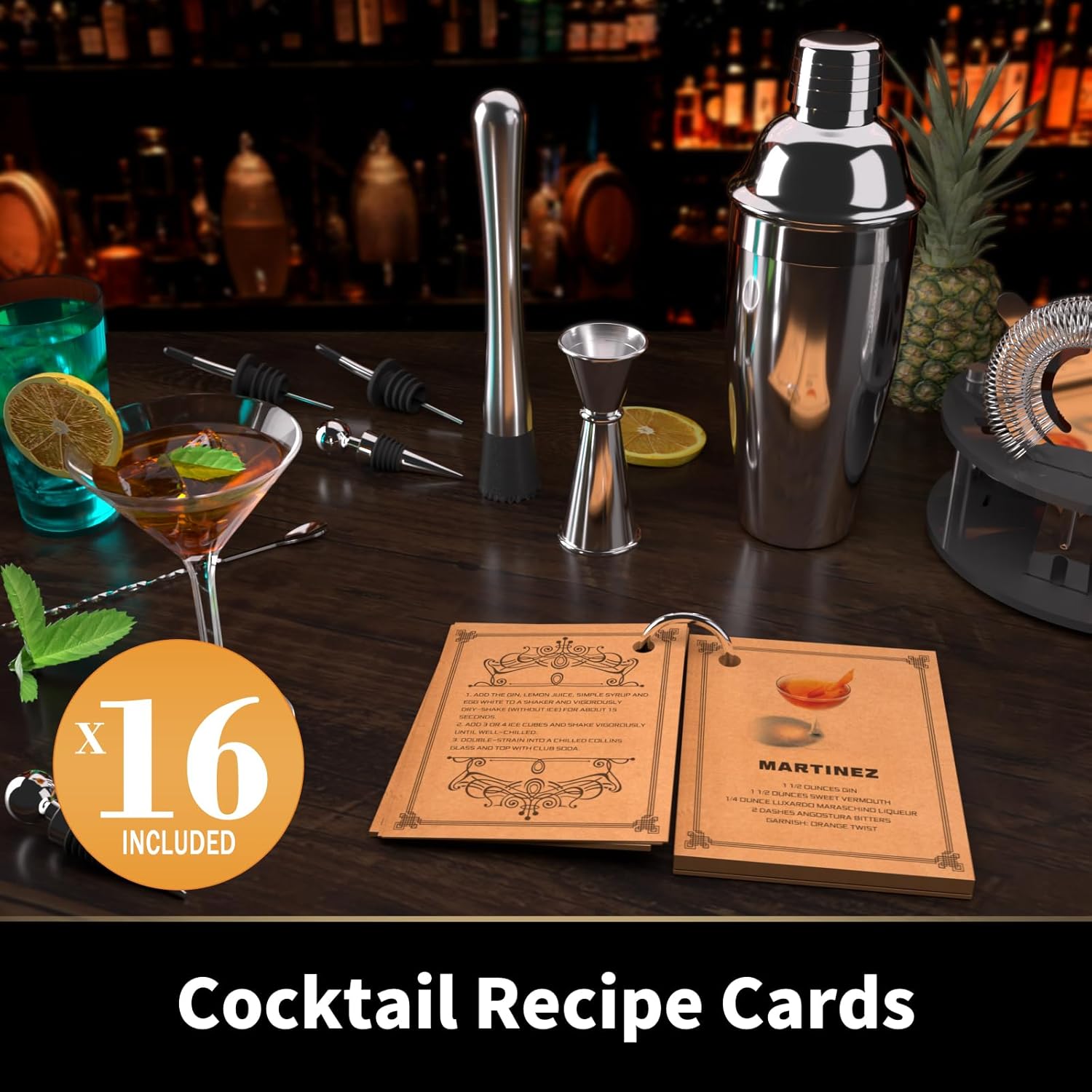 SamuelWorld Juego de coctelera con soporte 14 piezas de acero inoxidable, accesorios perfectos para barman para el hogar y el barman profesional,