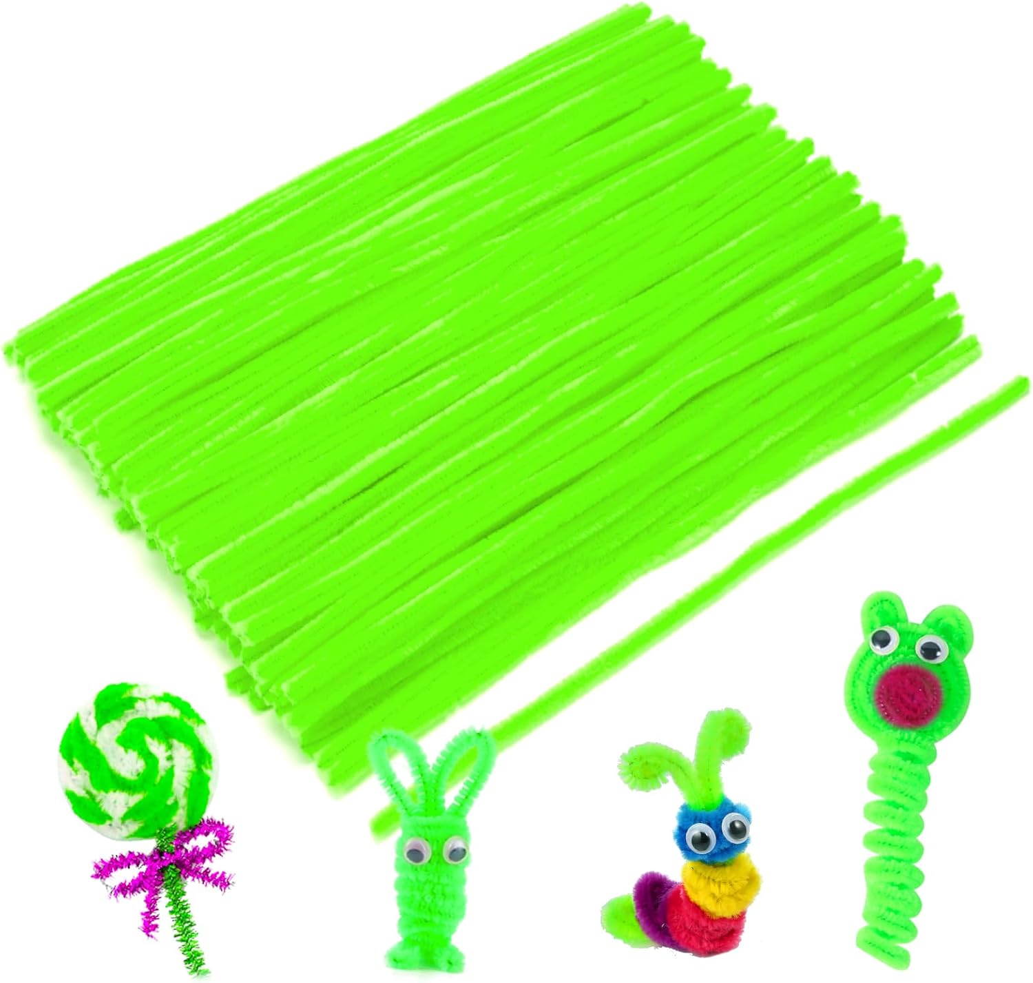 Caydo 200 piezas de limpiapipas de color verde fluorescente para manualidades, tallos de felpilla flexibles para niños, proyectos de manualidades y
