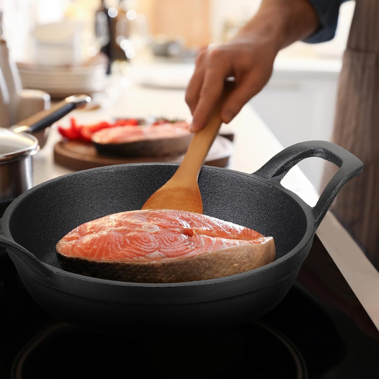 Sliner 4 juegos de mini sartén de hierro fundido, mini platos chisporroteadores con base de madera, sartén pequeña redonda de hierro fundido Fajita,