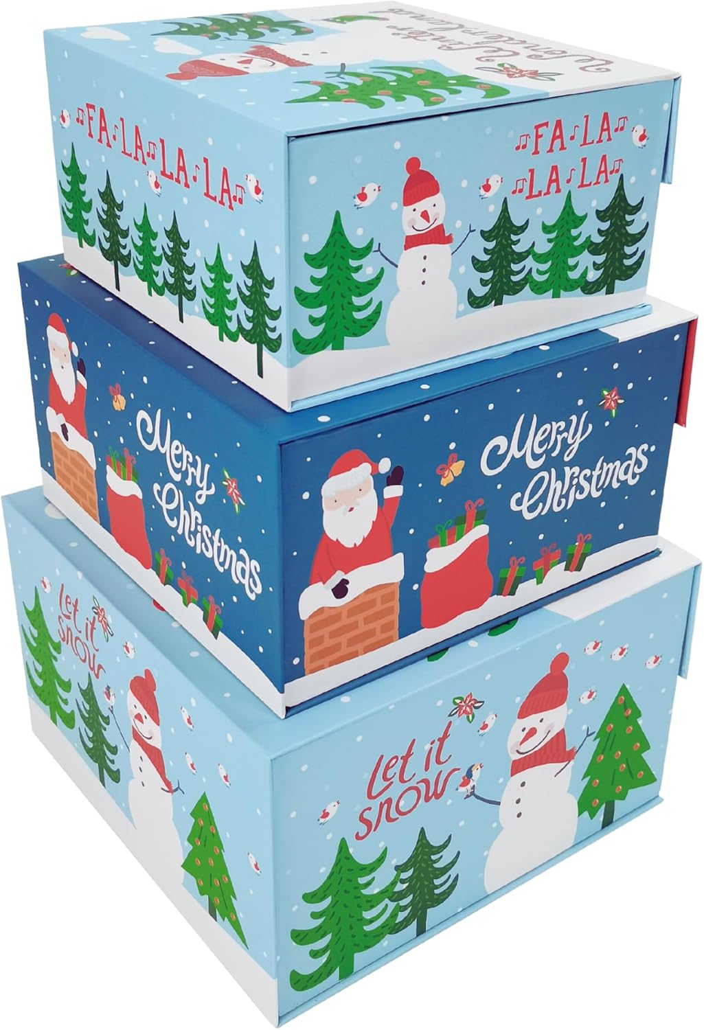 VOTUM Juego de 3 cajas de almacenamiento anidables para las fiestas, contenedores decorativos de cartón apilables con tapas ajustadas y refranes de