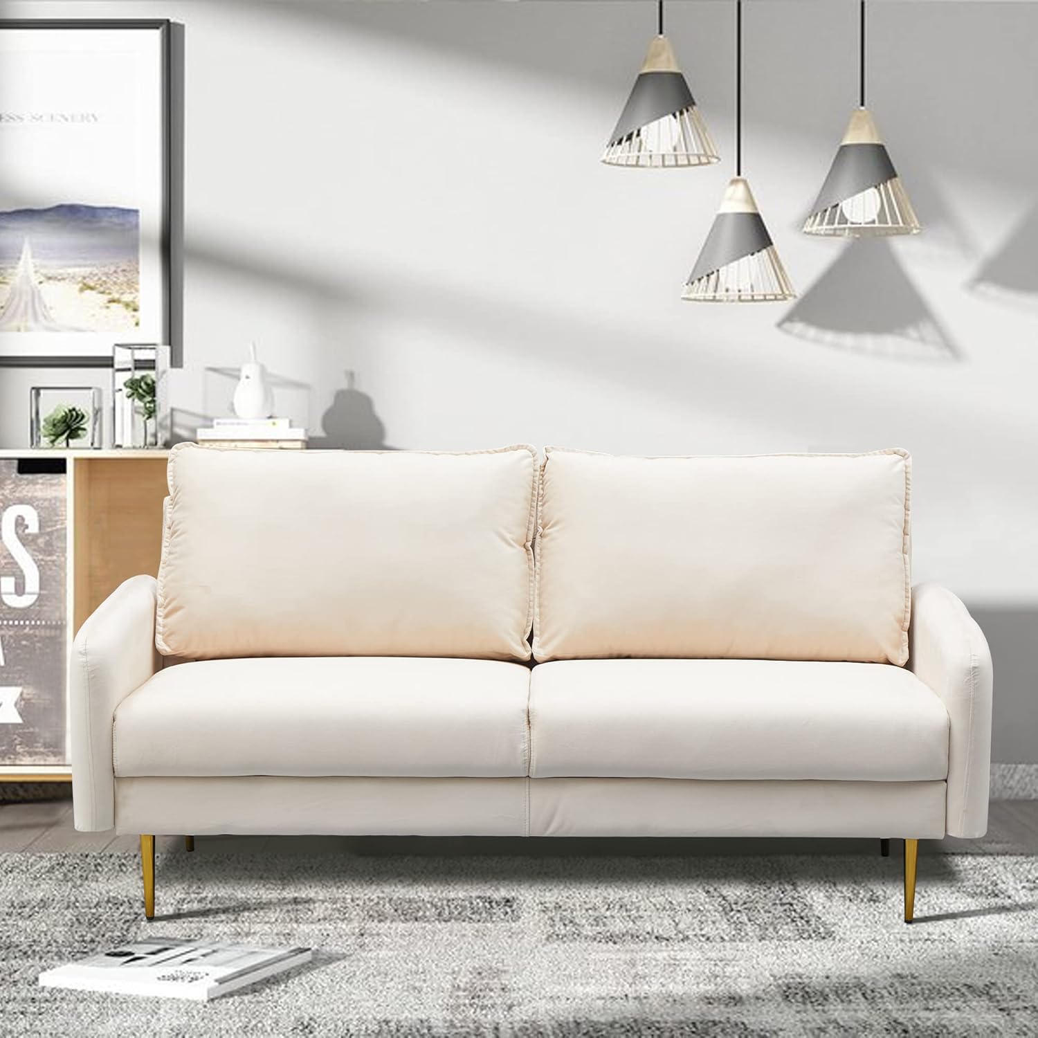 Sofá moderno de terciopelo con patas de metal para sala de estar, oficina, color beige