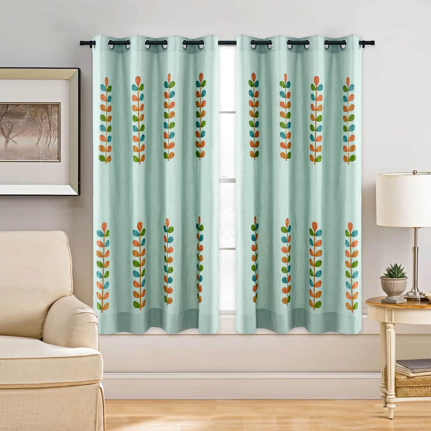 VOGOL Cortinas de ventana de poliéster de 63 pulgadas de largo, 60% hojas opacas bordadas, tratamientos de ventana para dormitorio, ojales