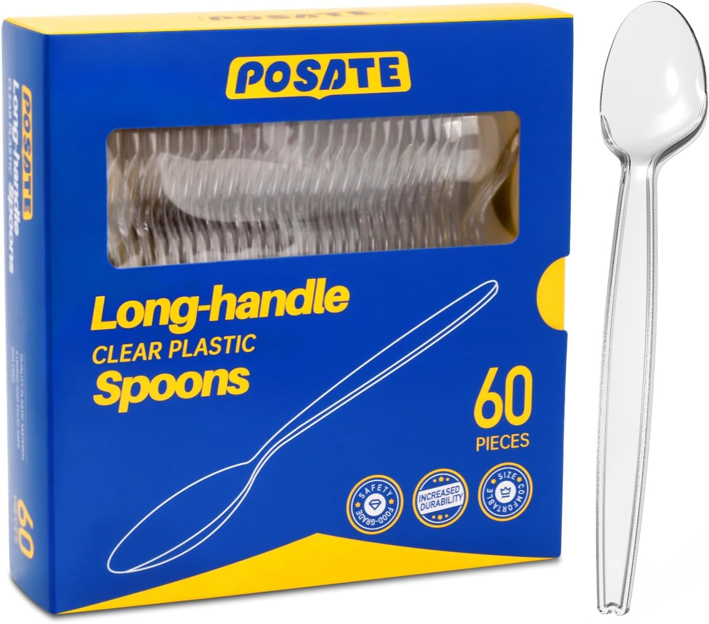 POSATE Cucharas de plástico de 7.1 pulgadas (60 unidades), cucharas desechables transparentes resistentes