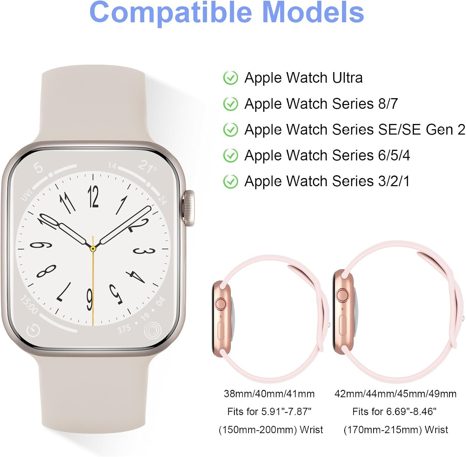 DYKEISS Correas deportivas de silicona compatibles con Apple Watch Band 1.496 in 1.654 in 1.575 in 1.732 in 1.614 in 1.772 in 1.929 in, correa suave