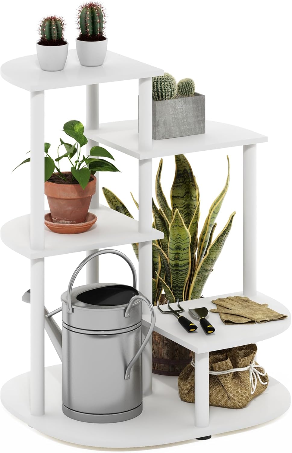 Furinno Celuka – Soporte de 4 niveles para plantas de interior y exterior, estante de esquina para múltiples plantas, blancoblanco virgen
