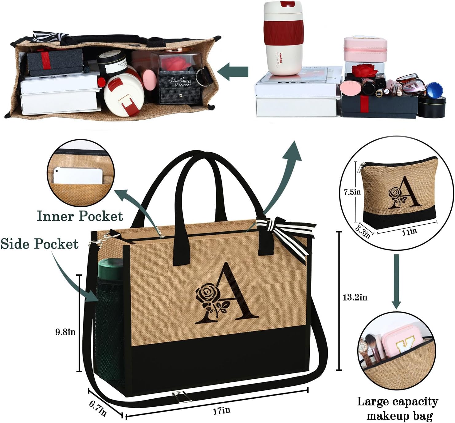 Regalos para el día de la madre bolsa de yute inicial con cremallera, regalos de cumpleaños personalizados para mujeres, regalo de graduación para