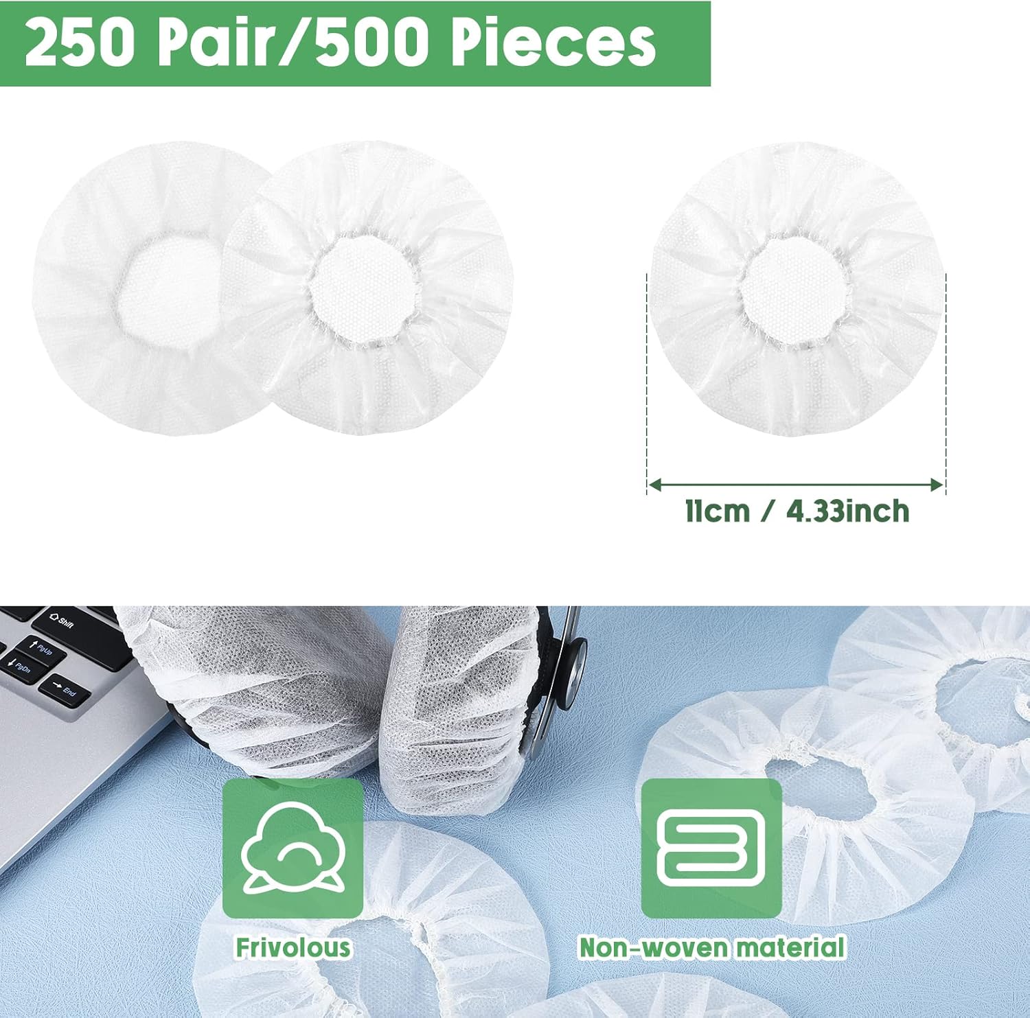 Tatuo 500 fundas desechables para auriculares sobre la oreja, almohadillas sanitarias elásticas, cubiertas blancas para auriculares no tejidas, 4.3