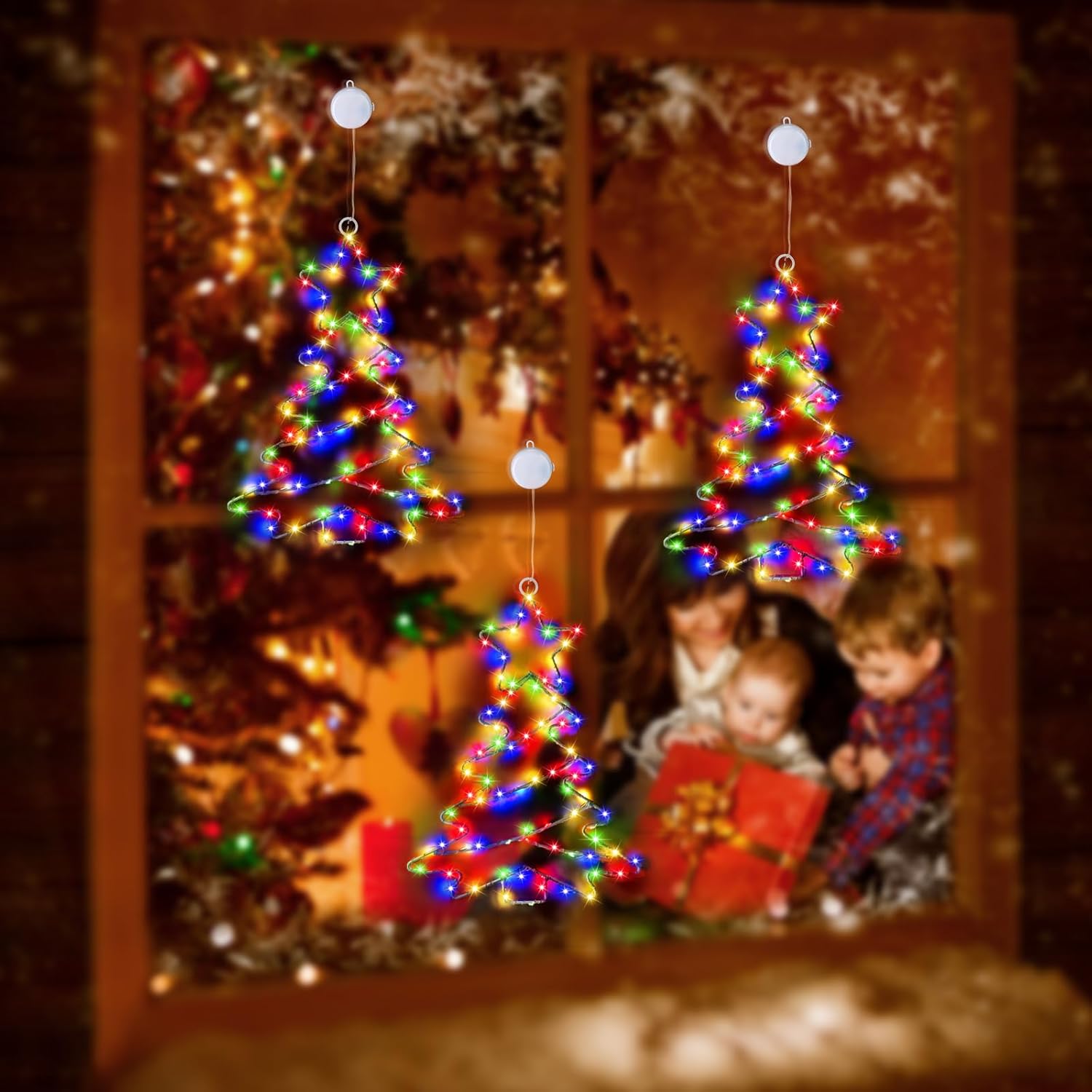 DANLI Decoraciones de Navidad para ventana, marco de hierro, luces de árbol de Navidad con ventosa, temporizador, funciona con pilas, luces de