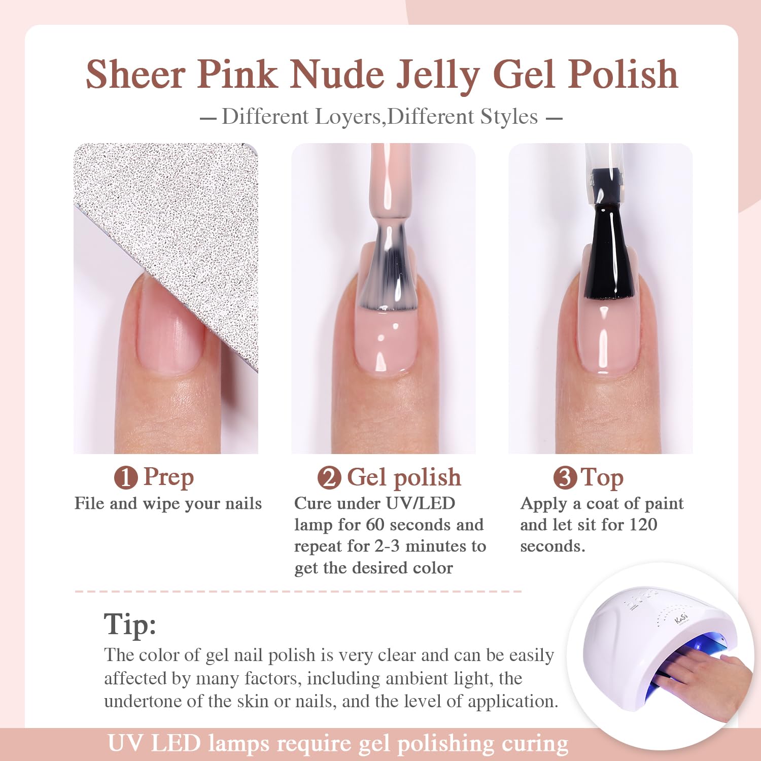Esmalte de uñas de gel rosa nude, 0.5 onzas líquidas, esmalte de gel rosa transparente de gelatina natural, esmalte de gel de color rosa traslúcido,