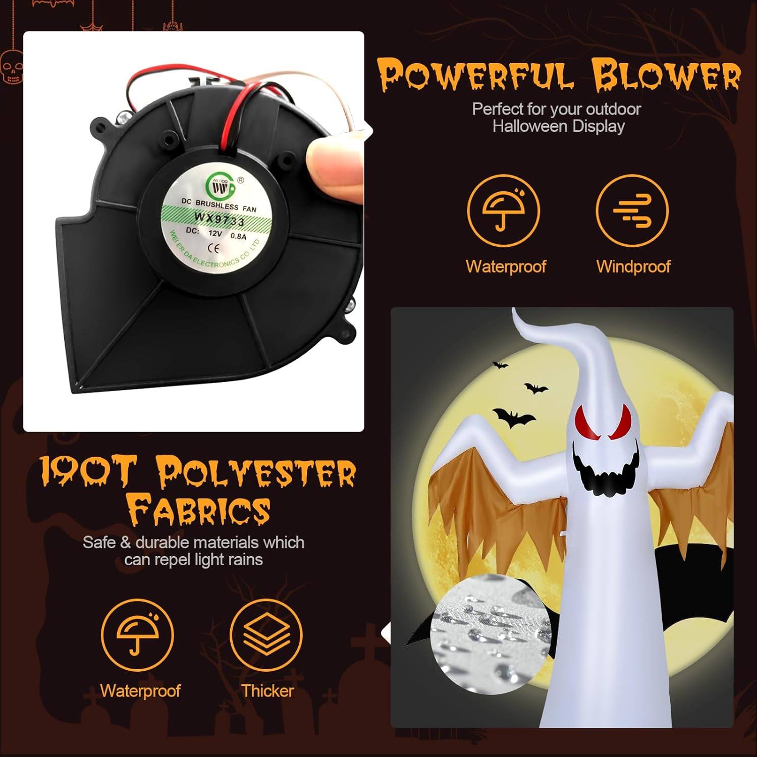 COSTWAY Fantasma blanco inflable de Halloween de 8 pies con luces LED de llama giratoria, decoración de fantasma gigante para patio al aire libre,