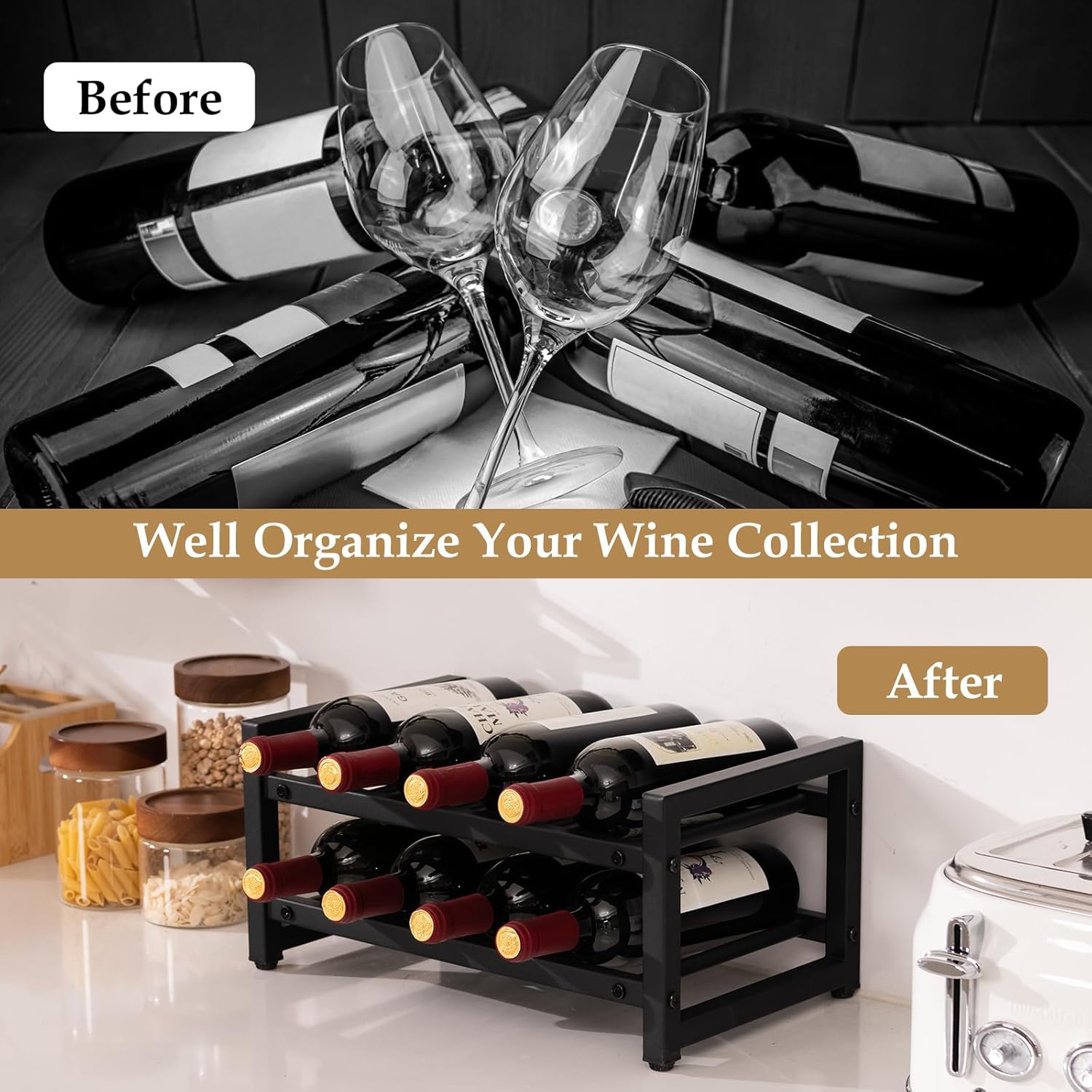 GOFLAME Estante de vino de 2 niveles, estante de exhibición de vino de encimera independiente con almohadillas ajustables para los pies, superficie