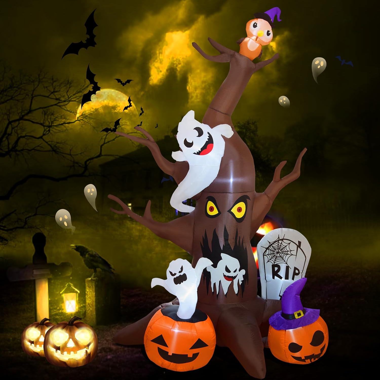 Árbol muerto inflable de Halloween de 9 pies con fantasmas, calabazas, lápida y búho, decoración de patio inflable con luces LED integradas,