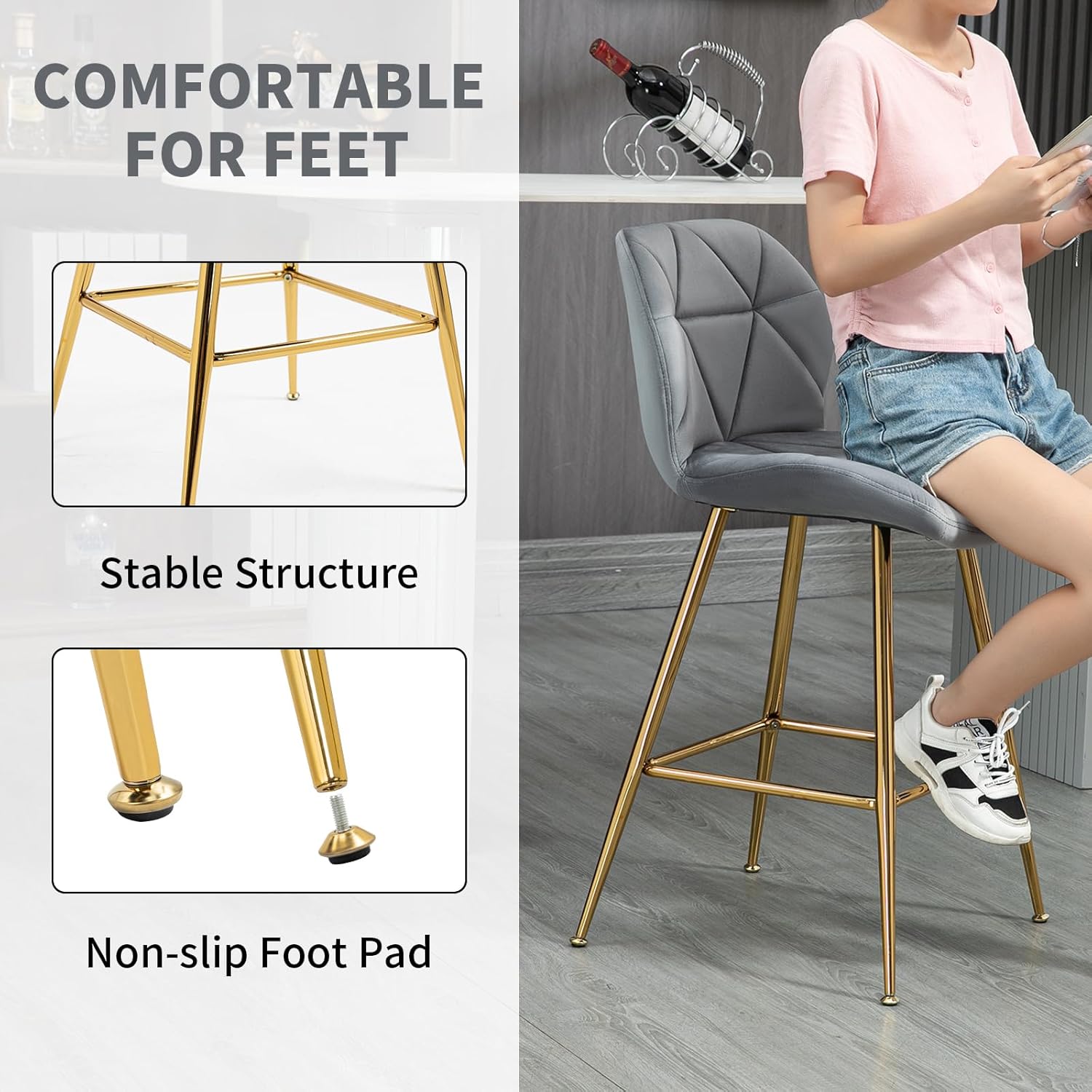 ZJhome Juego de 4 taburetes de bar modernos de terciopelo de 24 pulgadas, taburetes de bar de altura de encimera con reposapiés y patas doradas para