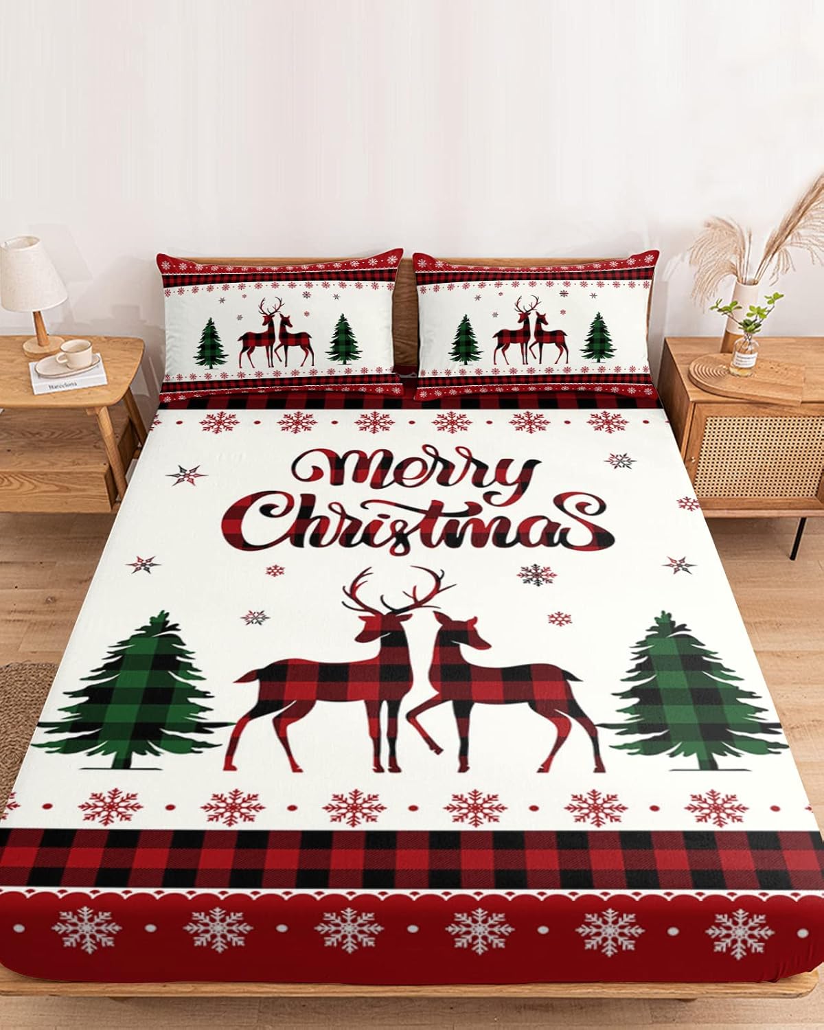 Christmas Reindeer Green Pine Tree Twin XL Fitted Sheets Deep Pocket Up to 16″, White Snowflake on Red Border Soft Single Mattress Cover with 1