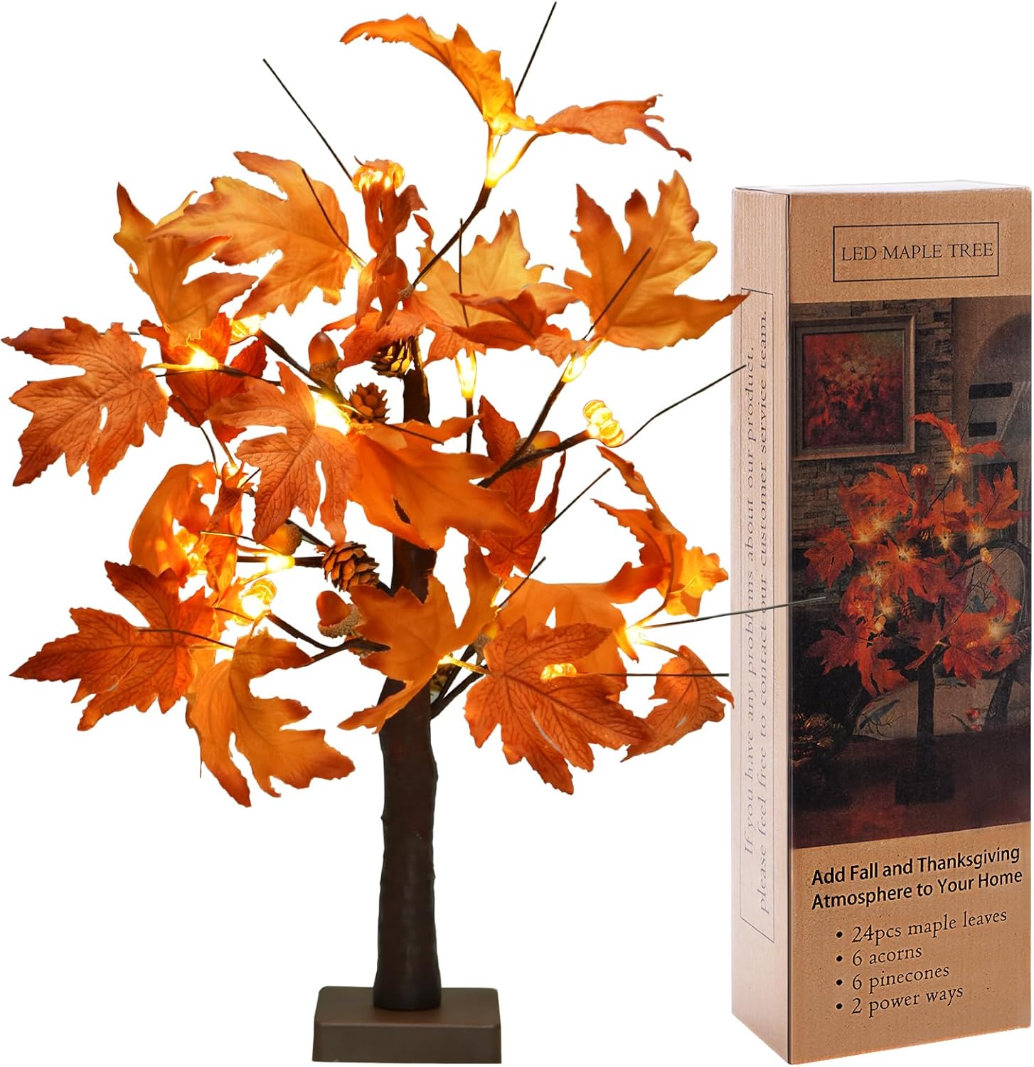 Árbol de arce iluminado de 22 pulgadas, decoración de árbol de Acción de Gracias con 6 bellotas y calabazas y piñas, decoración de otoño con 18