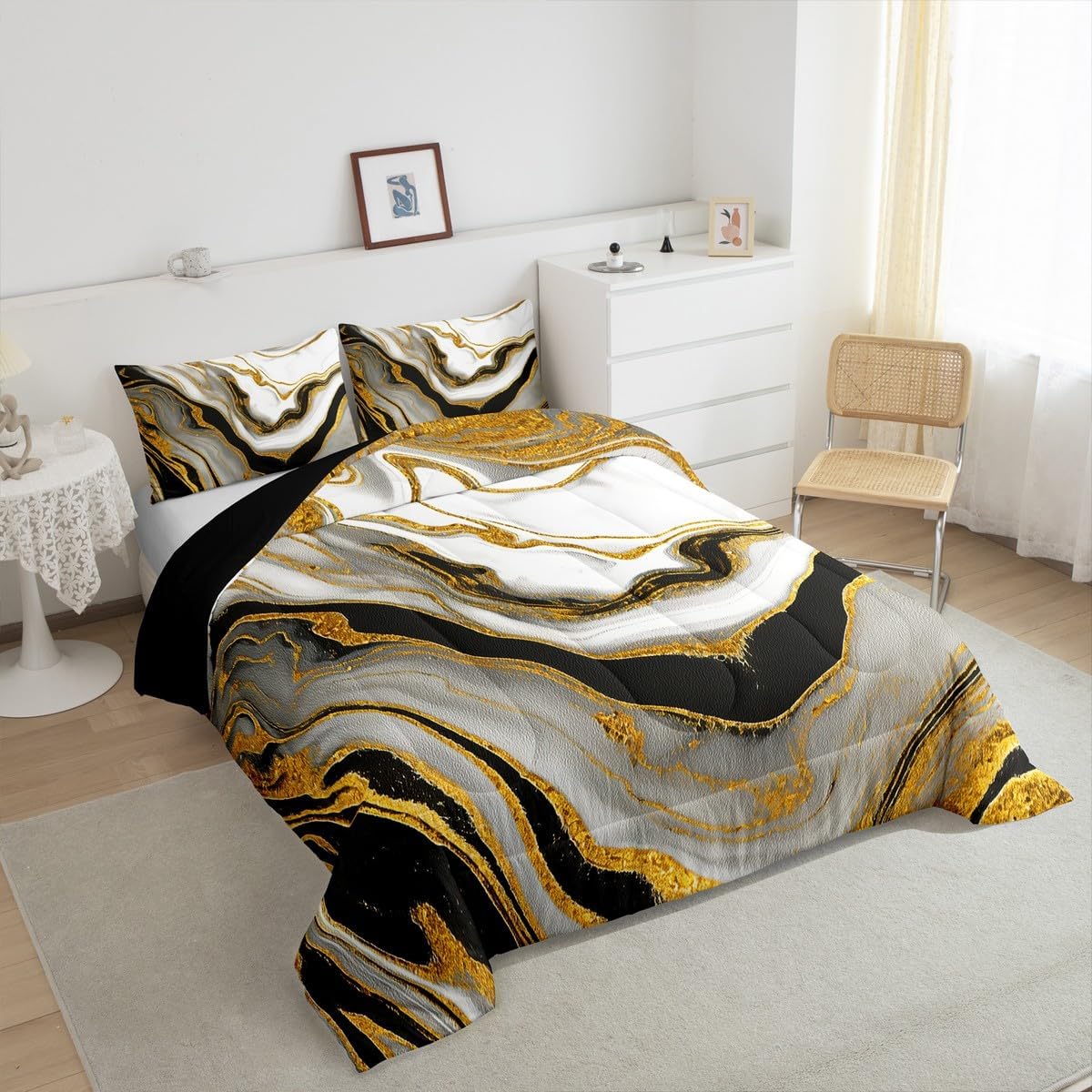Erosebridal Juego de edredón abstracto tamaño Queen, juego de ropa de cama de acuarela negro y gris, juego de cama de mármol mármol con estampado