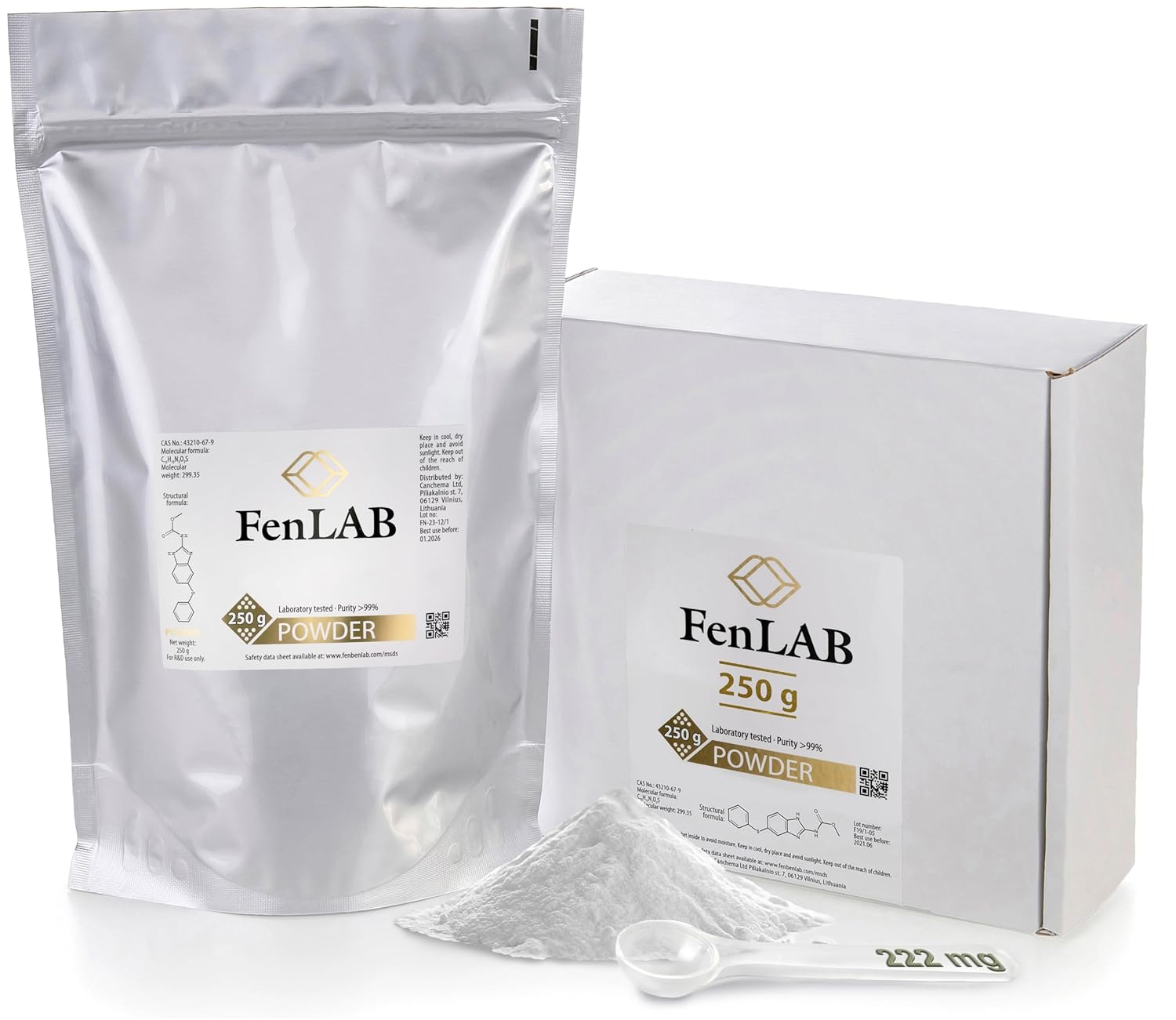 Fen LAB 250g (8.8oz) en polvo, pureza 99%, cuchara de 222mg en el interior, calidad probada, informe de análisis incluido