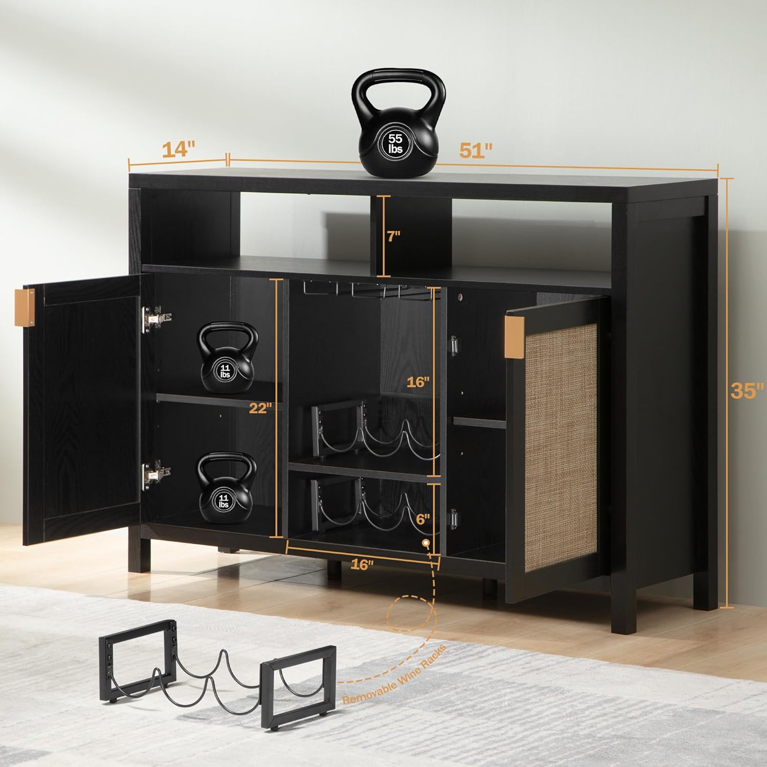 SICOTAS Gabinete de ratán para cafetería, aparador de 51 pulgadas con almacenamiento, armario moderno para licores con estantes para vino, mesa de