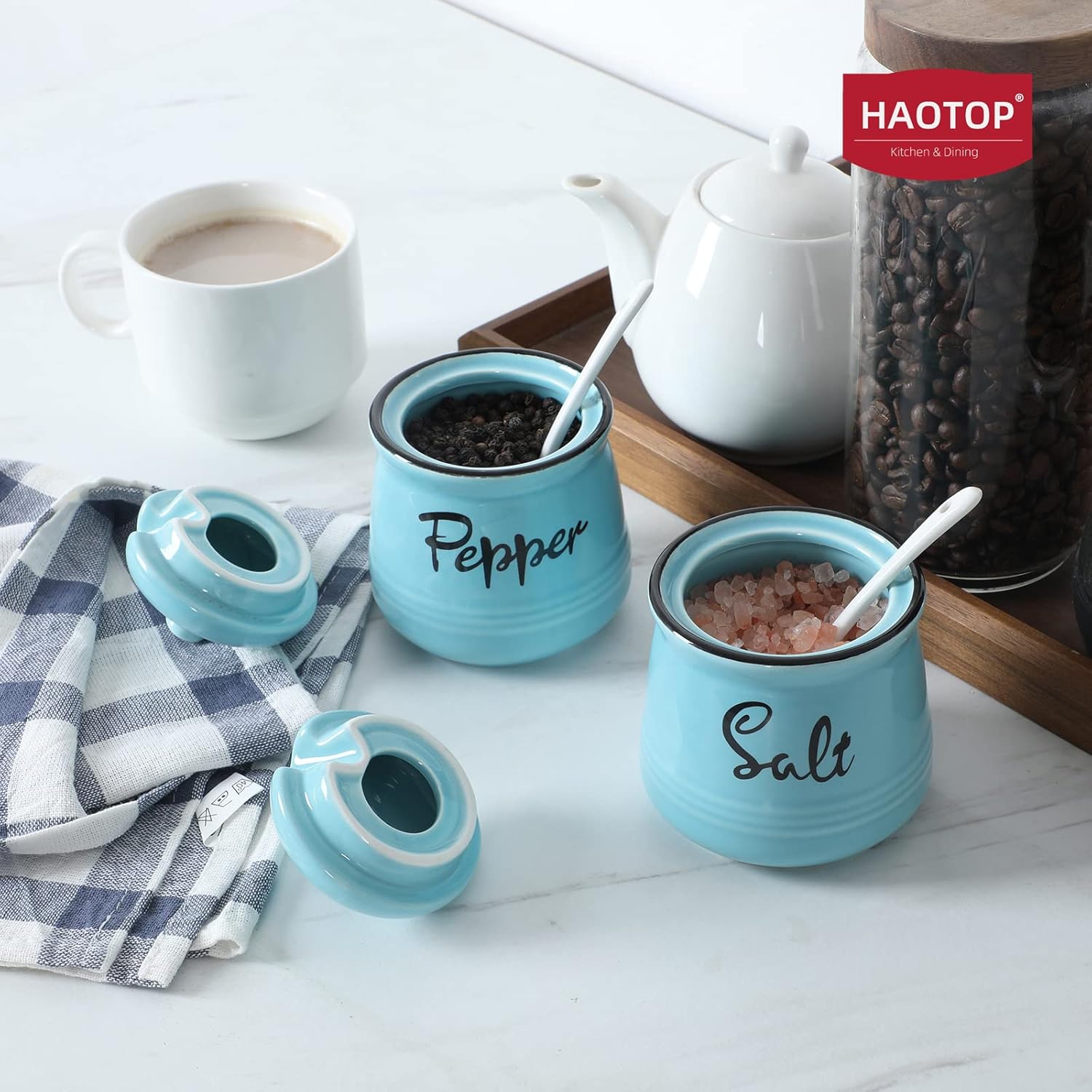 HAOTOP Juego de cuencos de cerámica para sal y pimienta de granja de 12 onzas con tapa y cucharas, fáciles de limpiar (turquesa)