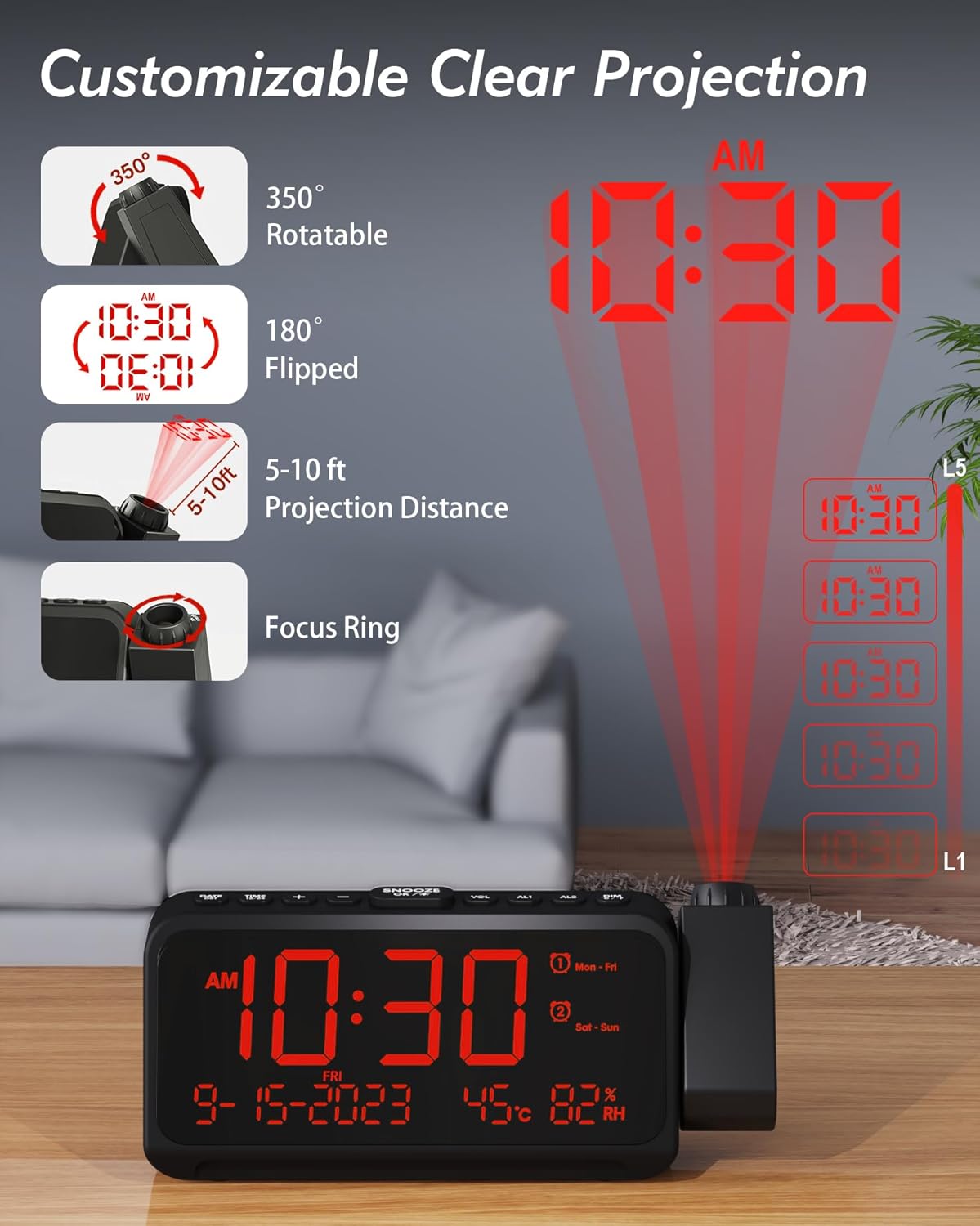 Reloj despertador de proyección para dormitorio, reloj digital con fecha y día de la semana para ancianos, temperatura y humedad, alarma dual con
