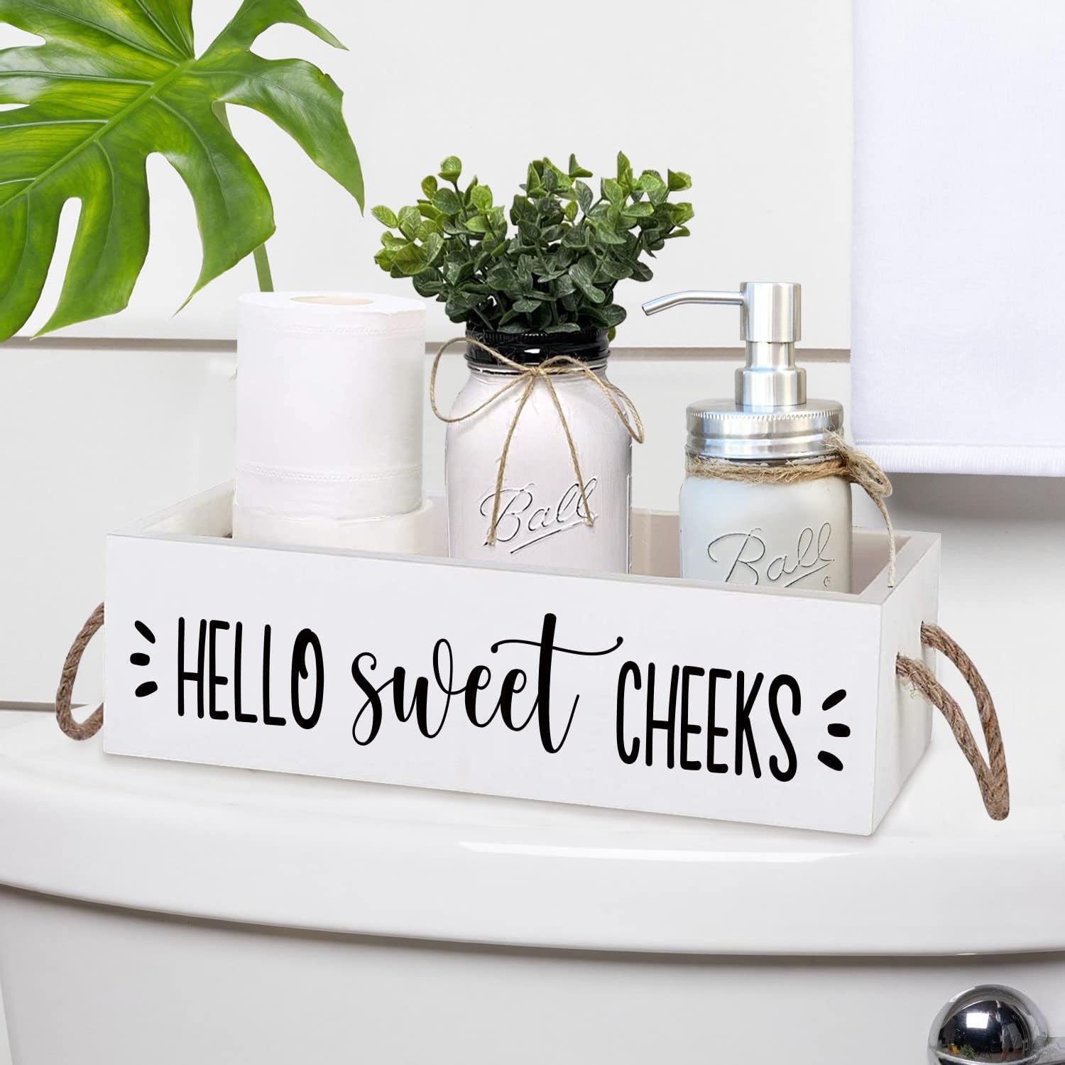 Hello Sweet Checks – Caja de madera de 2 lados para decoración de baño, cesta de papel higiénico con asa de cuerda, organizador de almacenamiento de