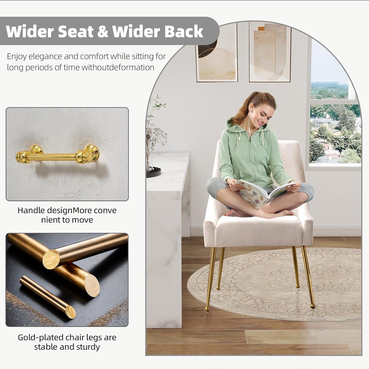 Juego de 2 sillas de comedor de terciopelo, colección de muebles tapizadas modernas y contemporáneas con patas de metal dorado pulido (beige)