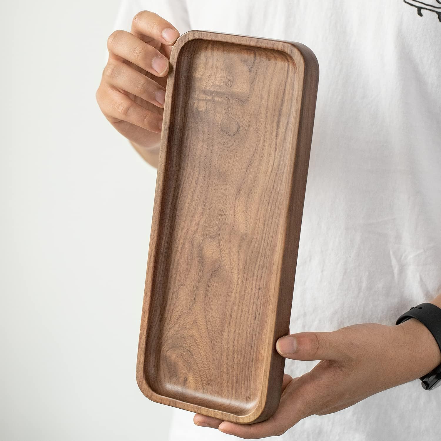 Muso Wood Bandeja de madera maciza para servir de nogal, bandeja pequeña rectangular para baño, bandeja de cena, bandeja de té, bandeja de café
