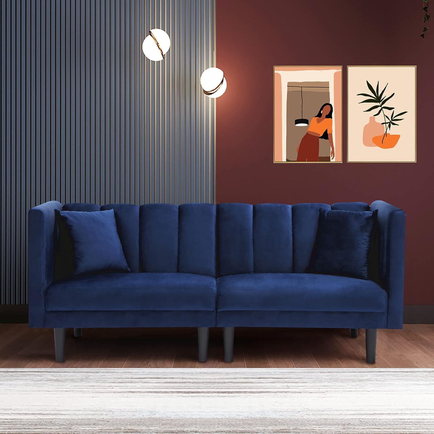 Terciopelo convertible, 2 almohadas modernas, 3 ángulos ajustables para respaldo, sofá de sala de estar con 7 patas de metal resistentes, sofá