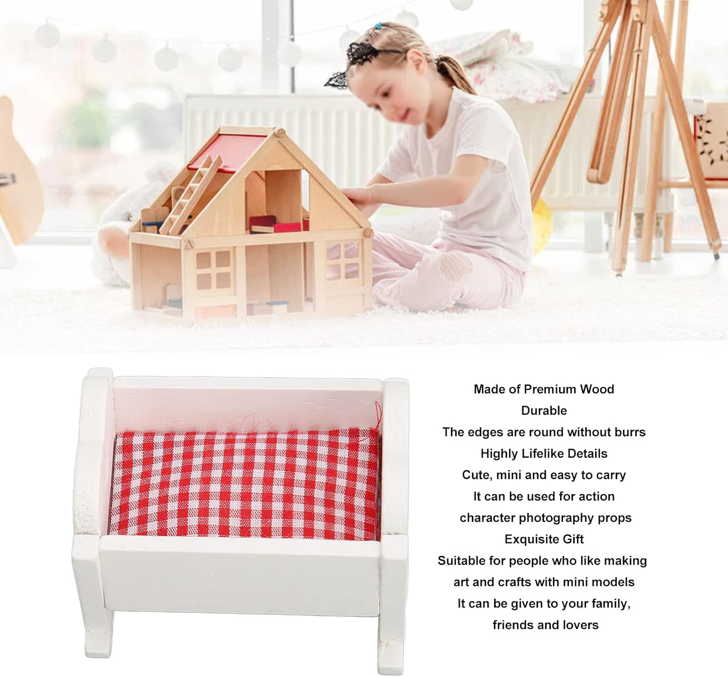 Keenso Cuna en miniatura, 3 piezas de madera de pino duradera, cuna de bebé, casa de muñecas realista, mini cuna para casa de muñecas a escala de