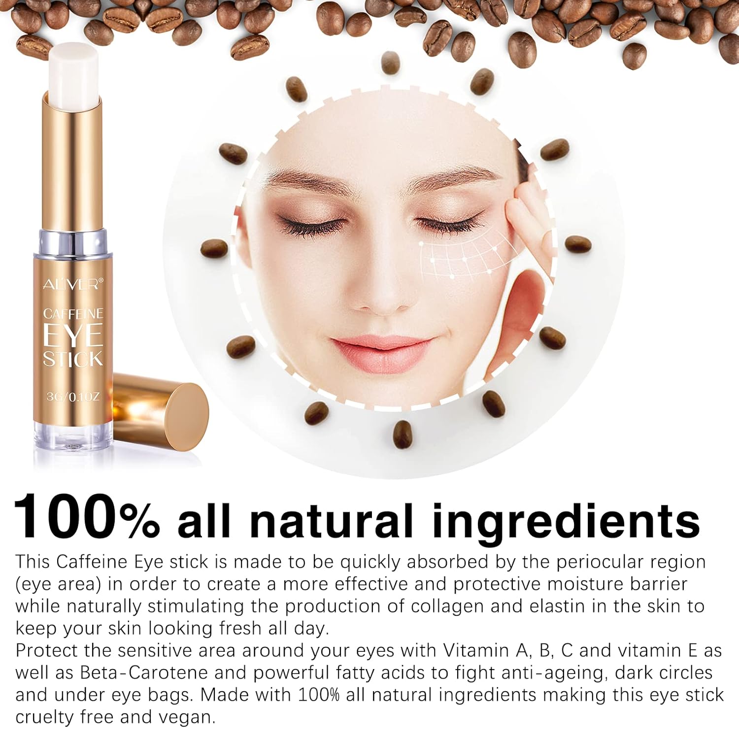 Barra de ojos con cafeína, reduce la hinchazón de los ojos y las ojeras, difumina las líneas finas, incluye cafeína, ácido hialurónico, vitamina C,