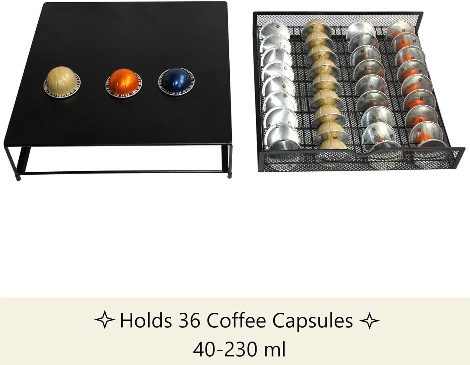Cajón para cápsulas de café, organizador de almacenamiento de cápsulas de café de metal, 36 cápsulas, color negro.