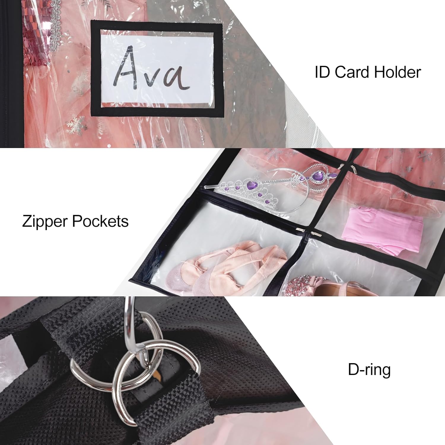 Univivi Bolsas para disfraces de baile de PVC negro transparente de 40 pulgadas para competiciones de baile, con 4 bolsillos medianos transparentes