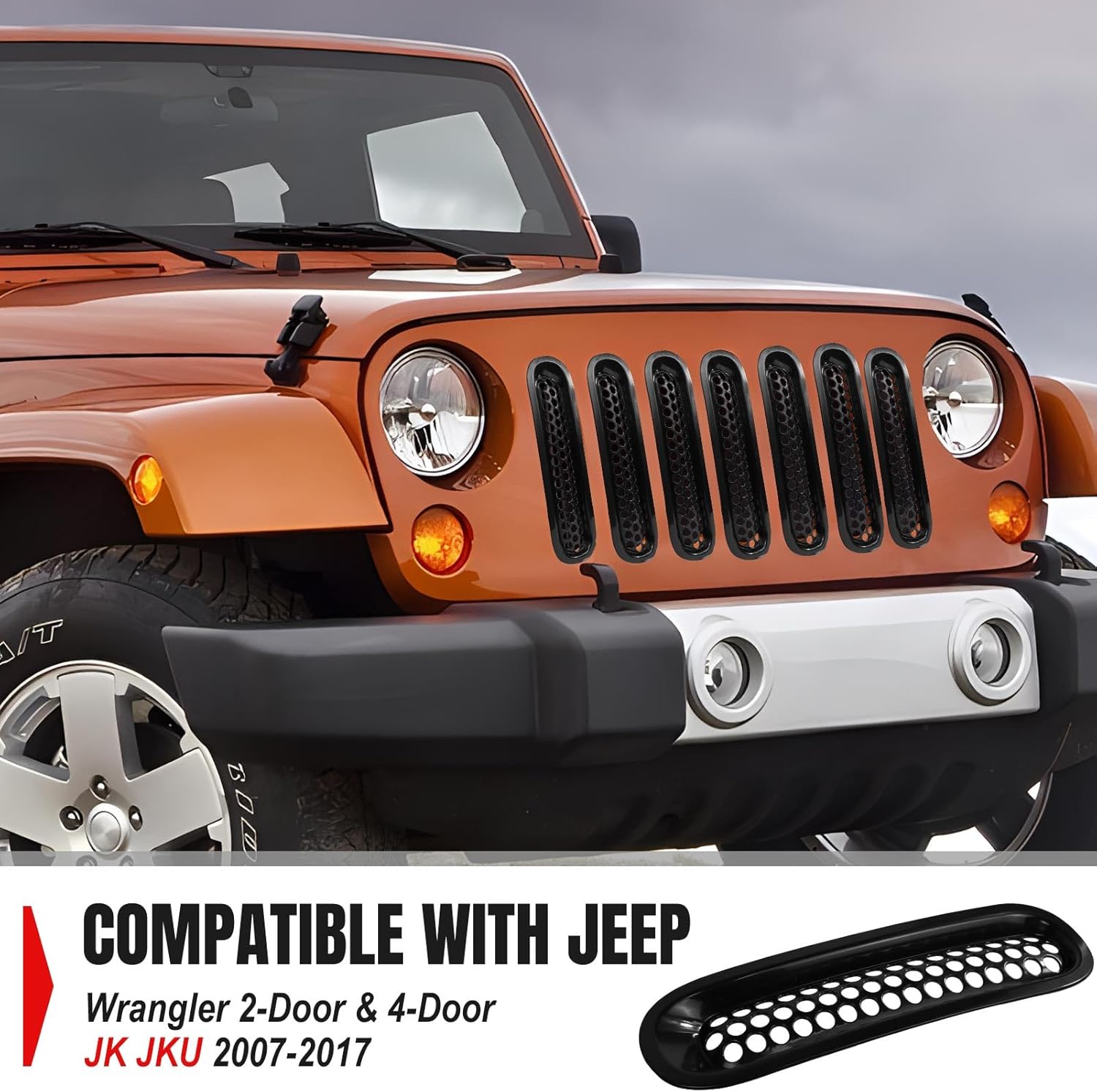 Paquete de 7 insertos de parrilla aptos para Jeep Wrangler JK, protector de rejilla frontal negro compatible con Jeep Wrangler de 2 puertas y 4