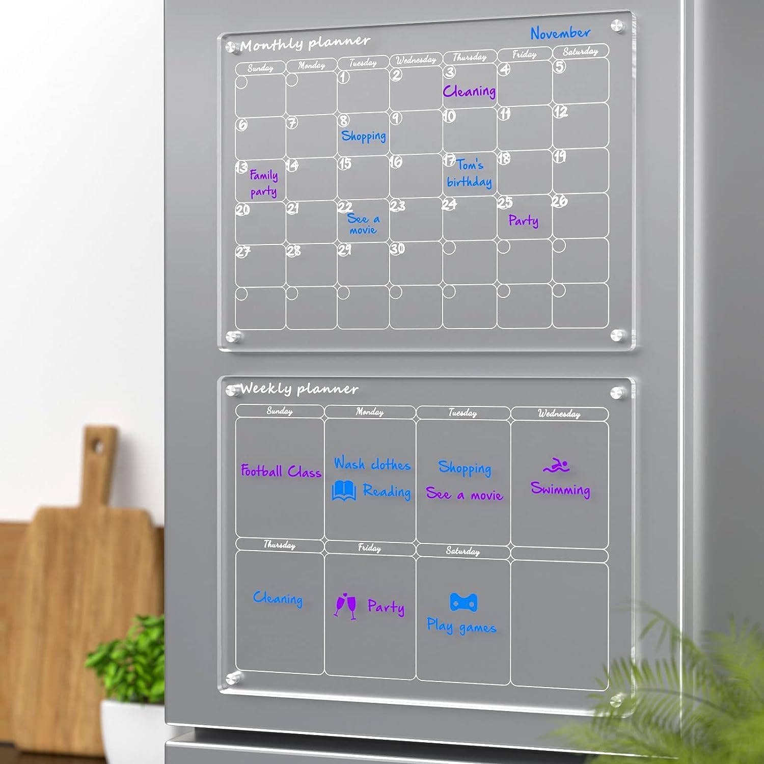 Calendario mensual y semanal magnético acrílico para refrigerador, juego de 2 calendarios transparentes de borrado en seco para refrigerador