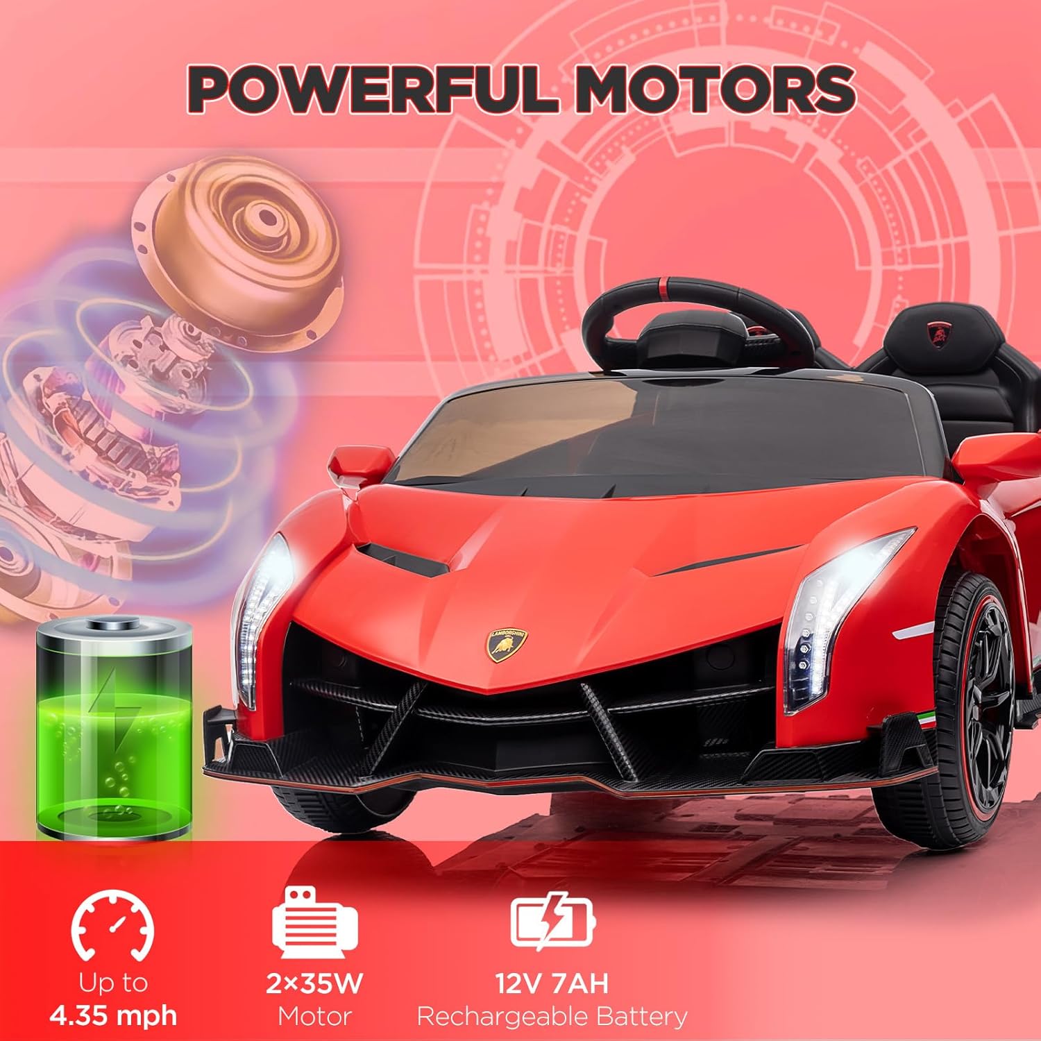 Lamborghini Veneno – Automóvil eléctrico de 12 V con licencia para niños con control remoto, 3 velocidades, puertas hidráulicas, faros LED, mecedora