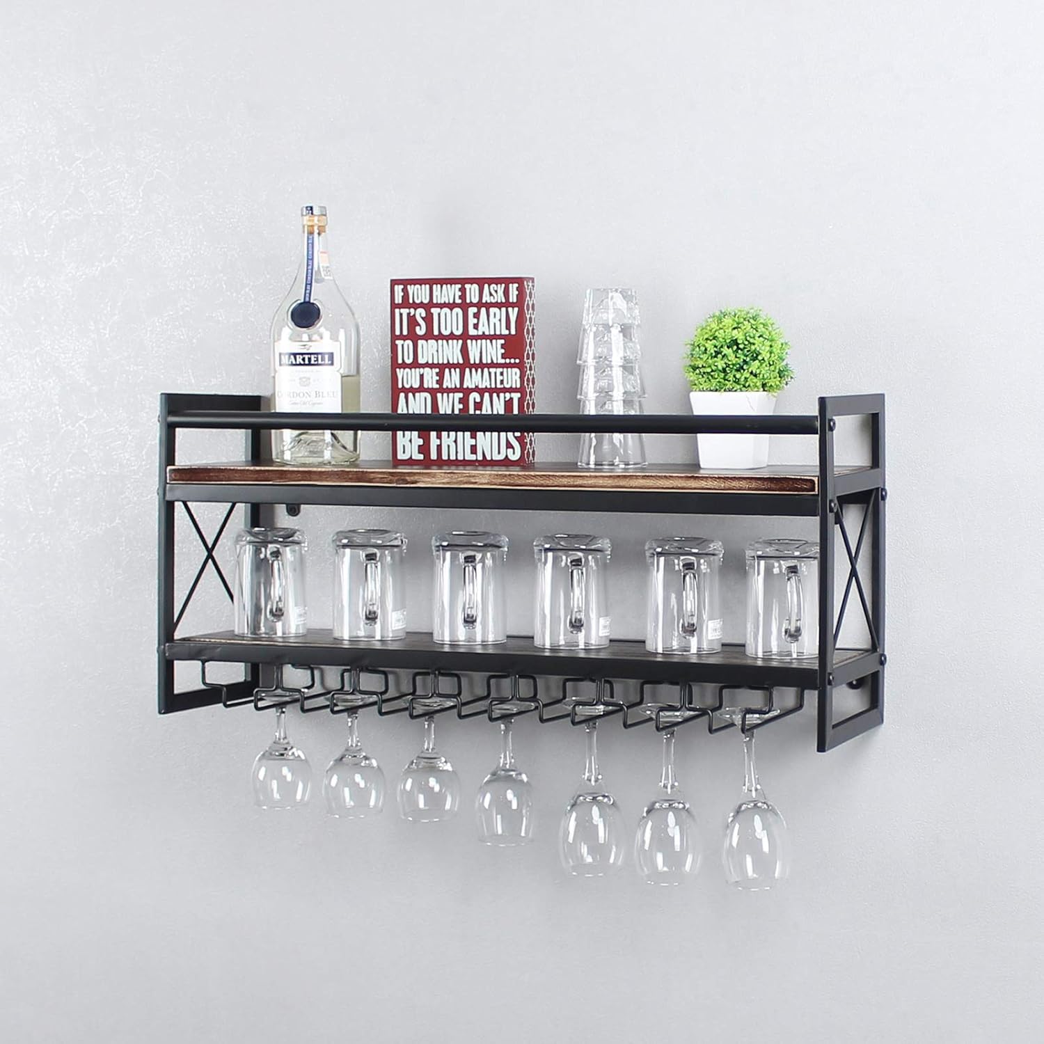 MBQQ Estante de vidrio para vino, estante industrial de madera de 2 niveles, estantes de vino de 30 pulgadas para montar en la pared con 7 soportes