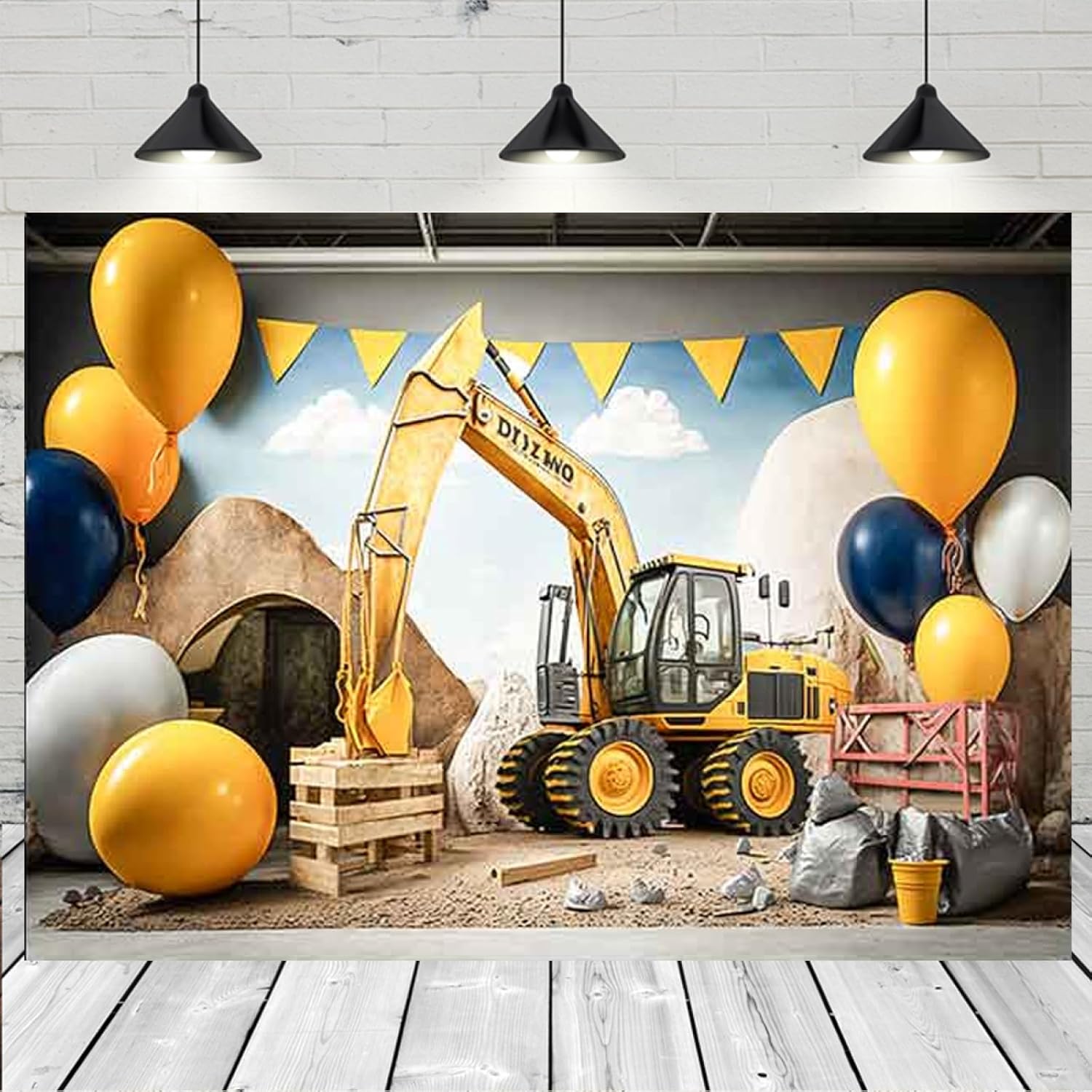Globos 3D para excavadora, fiesta de cumpleaños, telón de fondo de construcción, tema de construcción, excavadora, grúa, fondo de fotos para fiesta