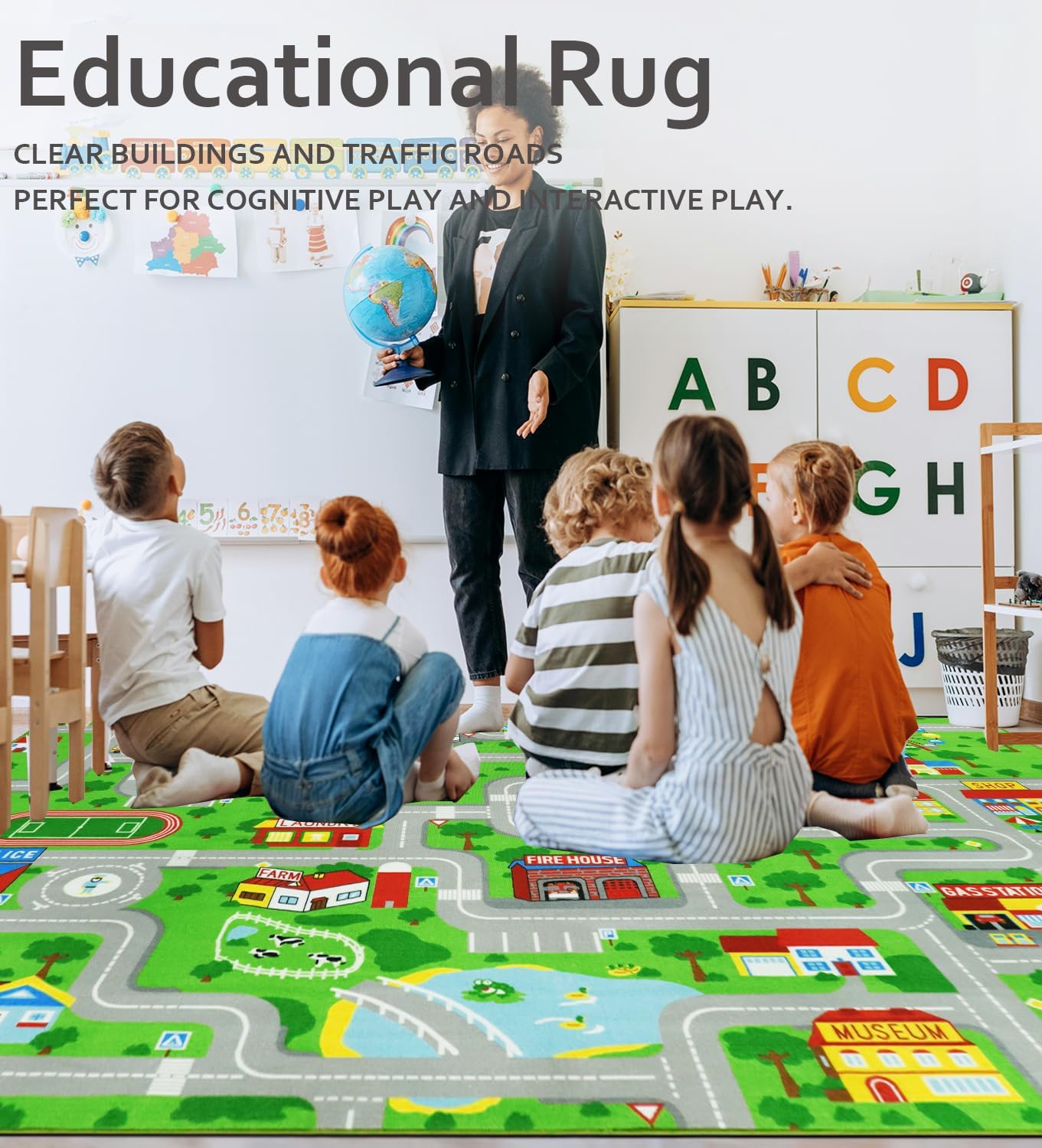 VSIWB Kids Carpet Playmat Car Rug 6’6” x 9’8” Educational Road Traffic Carpet Fun City Life Map Kids Car Rug Non Slip Play Carpet for Children