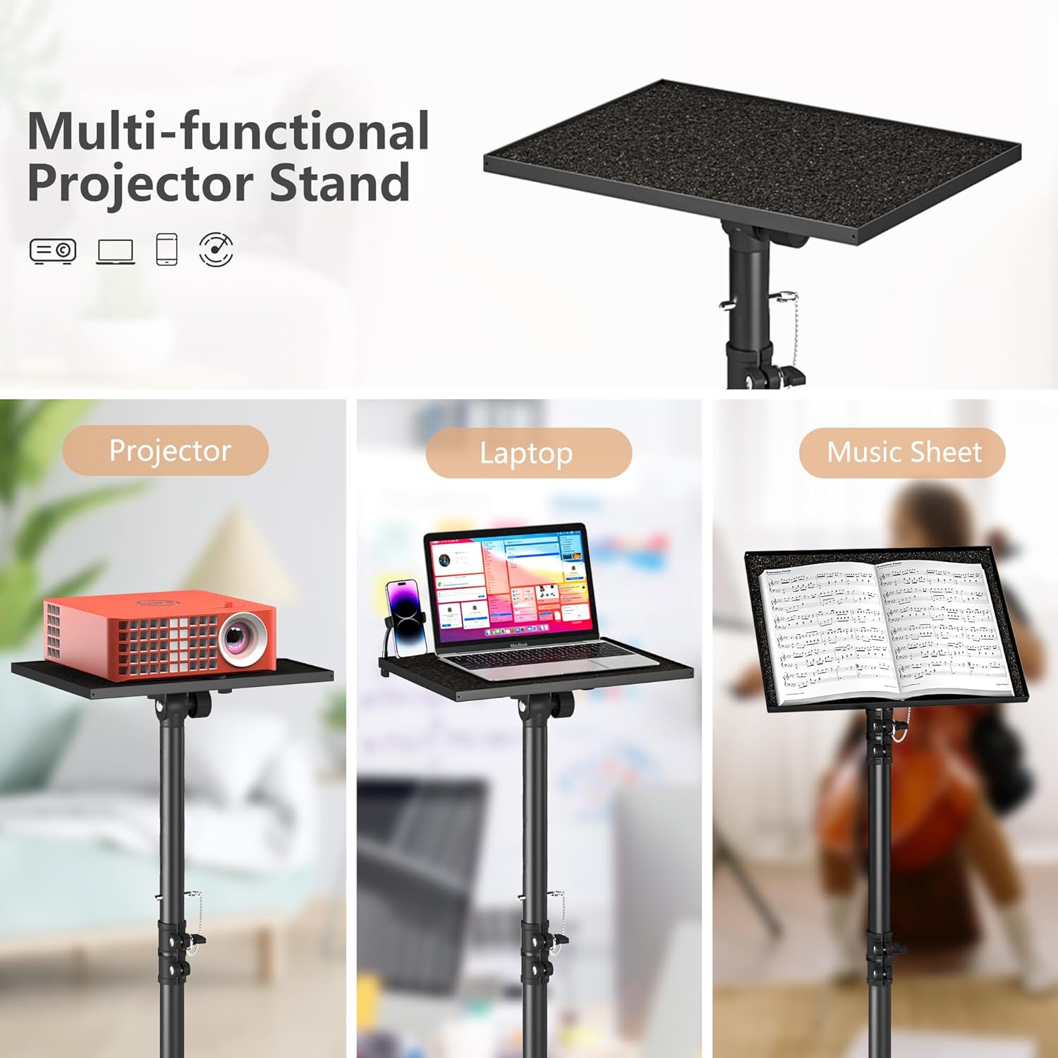 OPKING Trípode ajustable para proyector alto, soporte de trípode para laptop de 22 a 62 pulgadas con pestillo de seguridad y soporte para teléfono