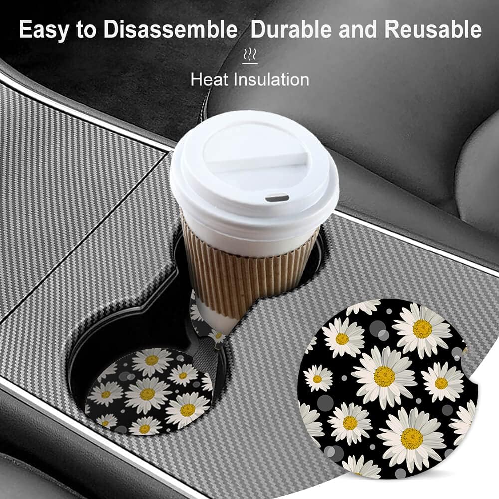 Paquete de 2 posavasos absorbentes para portavasos de automóvil, posavasos de cerámica con diseño de margarita blanca con parte trasera de corcho y