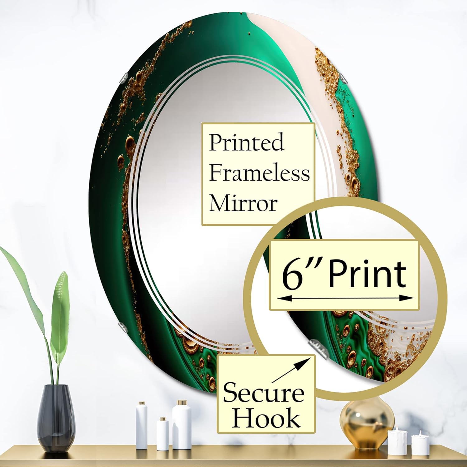 DesignQ Espejo de tocador verde y dorado con ondas estrelladas, espejo de baño, espejos de pared para sala de estar, dormitorio, espejo ovalado,