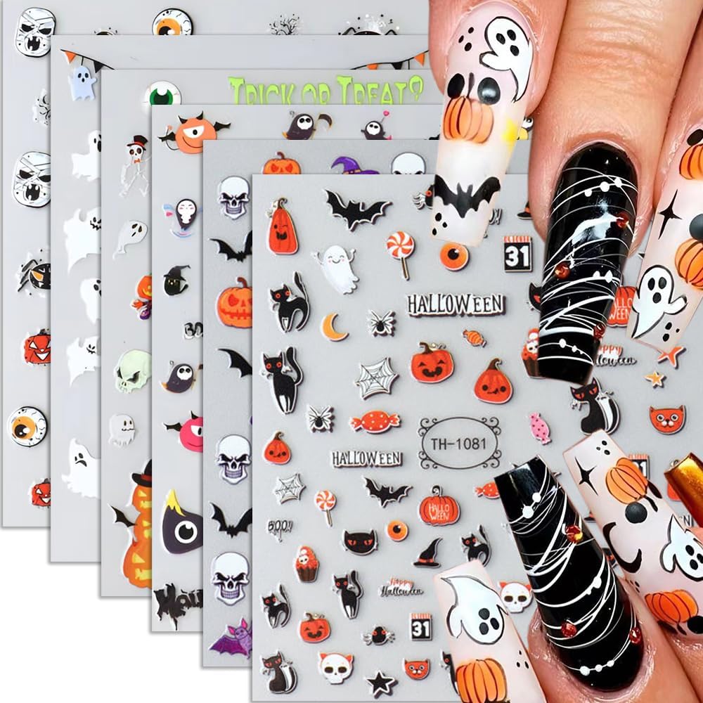 Calcomanías para uñas de Halloween, 6 hojas de calcomanías de uñas de fantasma, 3D, autoadhesivas, calabaza, murciélago, fantasma, cráneo, araña,