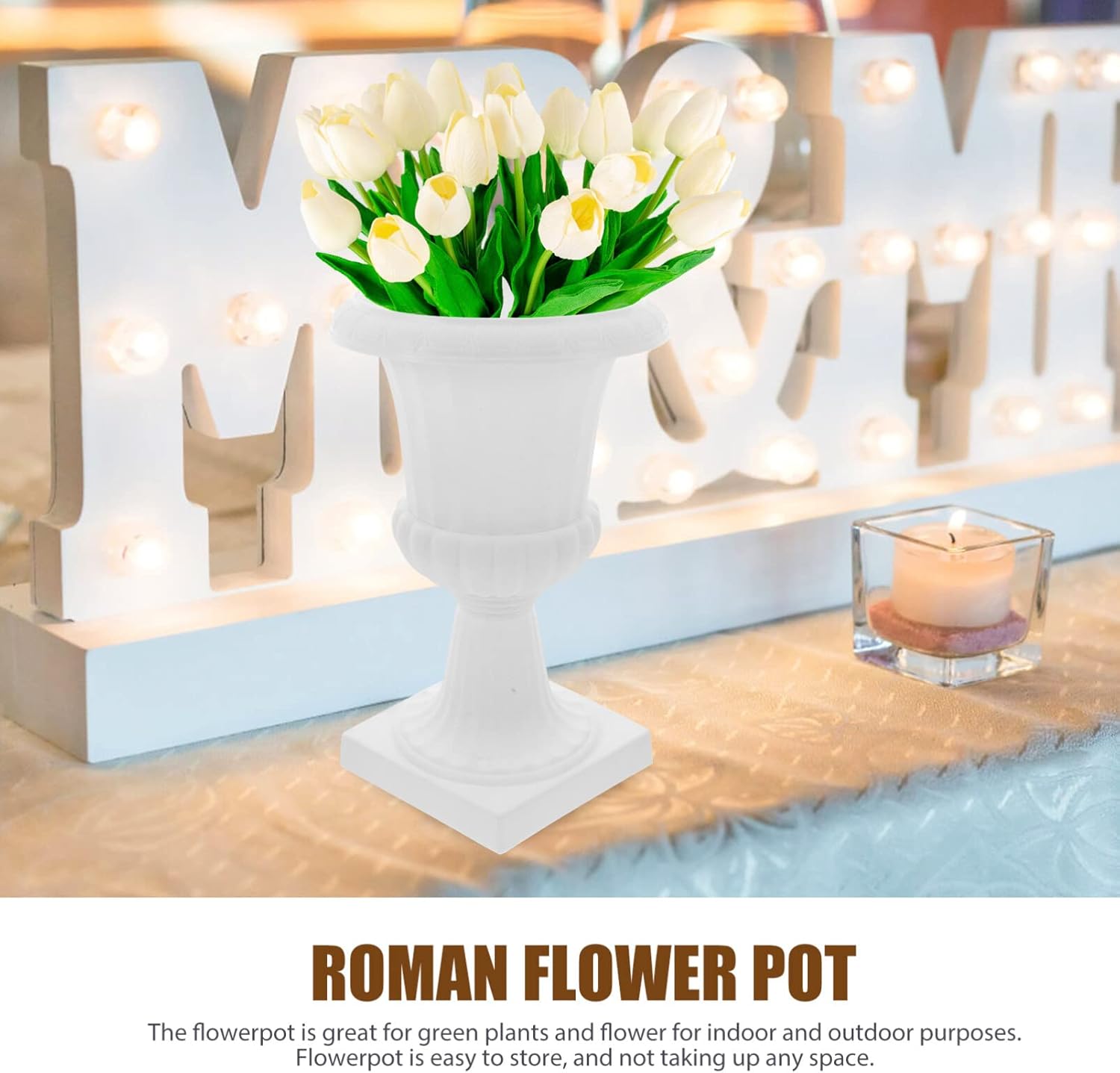 Yardwe 2 macetas de urna, maceta de plástico con pedestal blanco, contenedor de flores retro, maceta de boda para jardín, porche, balcón