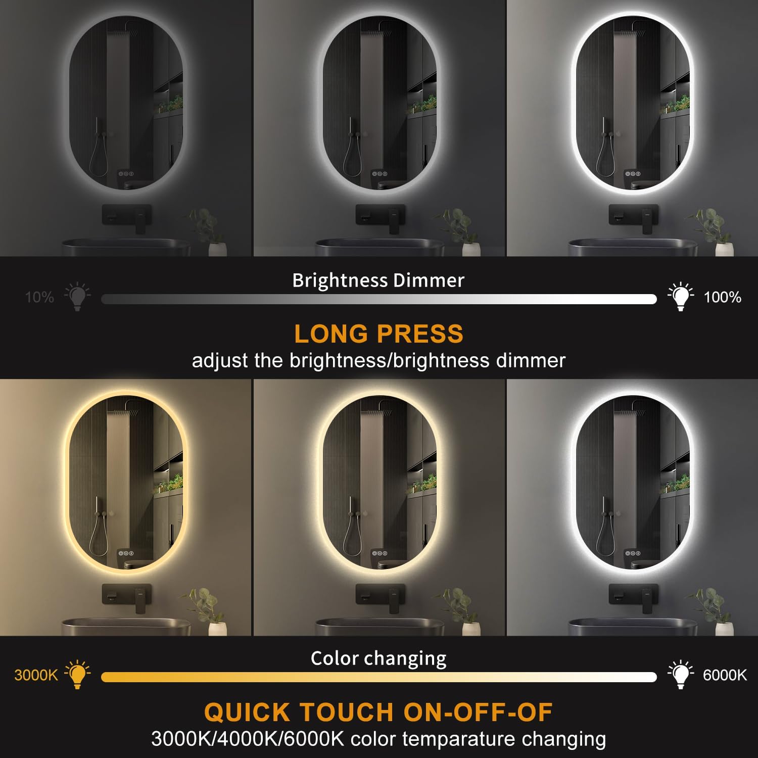 S’bagno Espejo de baño ovalado de 36 x 24 pulgadas con luces, espejo de baño LED montado en la pared, marco acrílico, atenuación, cambio de color,