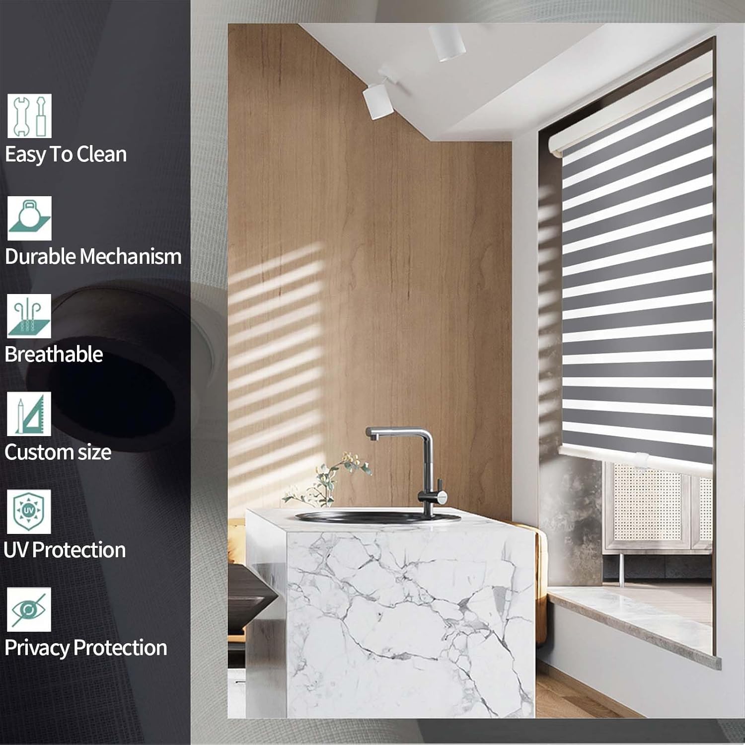 Persianas opacas de cebra sin cordones para ventanas con funda de cenefa, persianas traslúcidas de día y noche para control de luz de privacidad,
