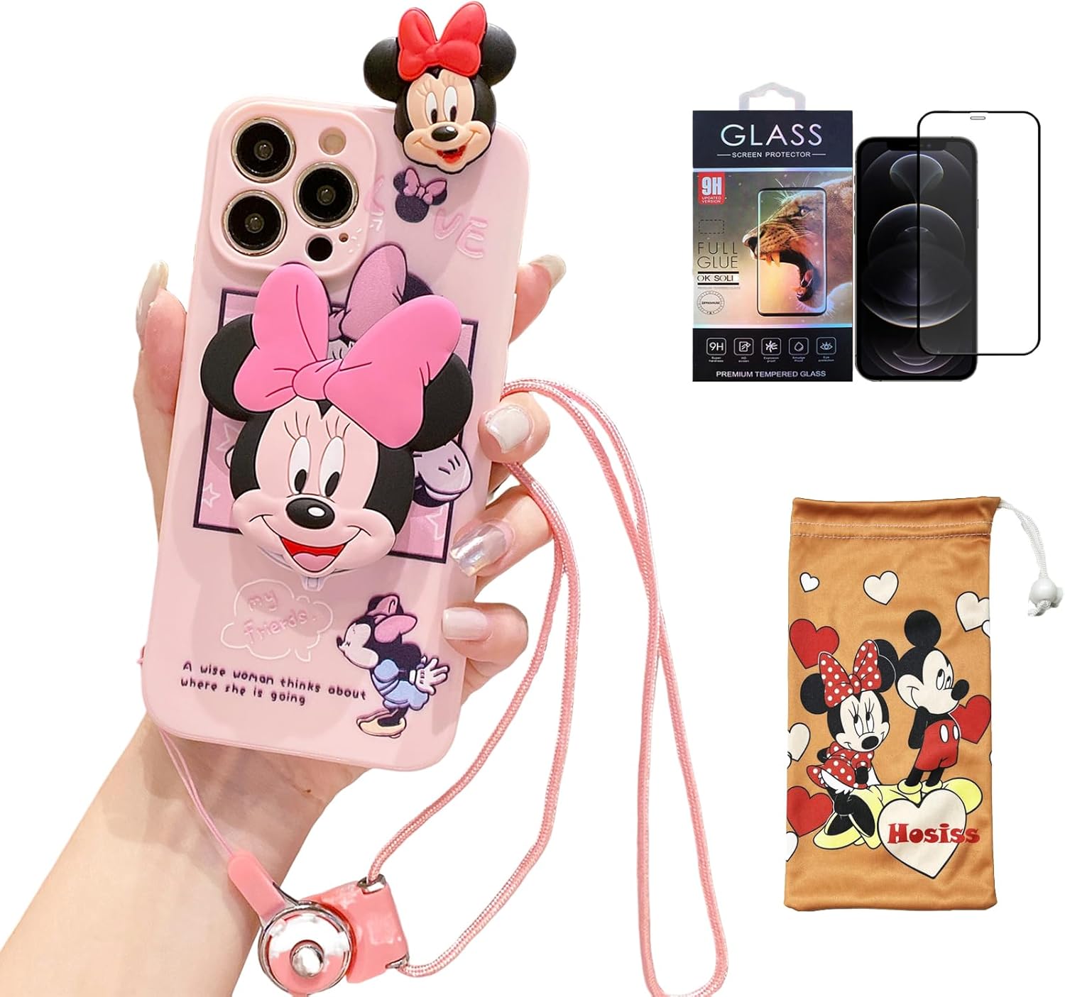 Funda de dibujos animados para iPhone 13 Pro Max de 6.7 pulgadas, con protector de pantalla HD, bonita funda de teléfono Kawaii Minnie con banda de